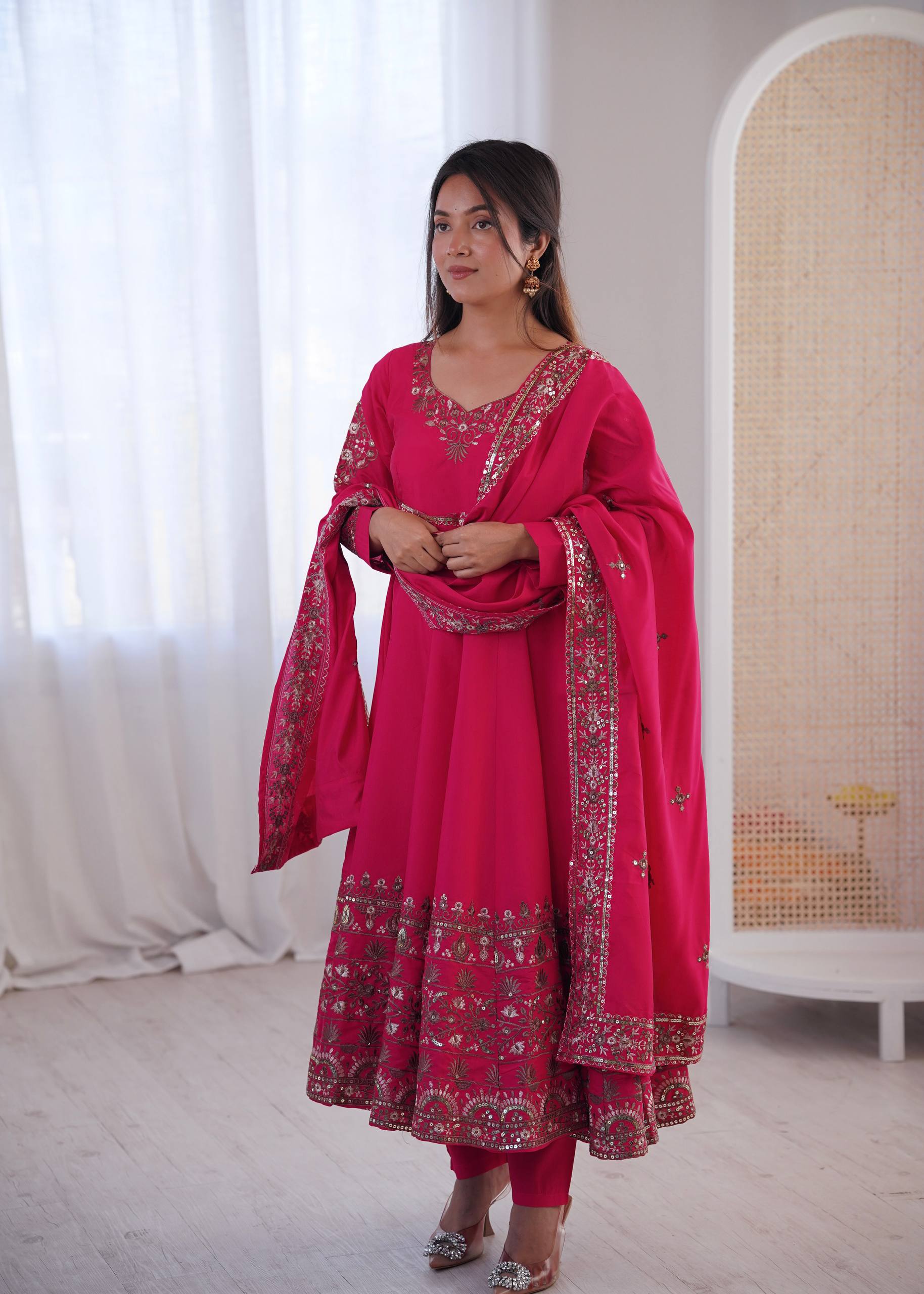 Pink Roman Silk Anarkali Gown Set
