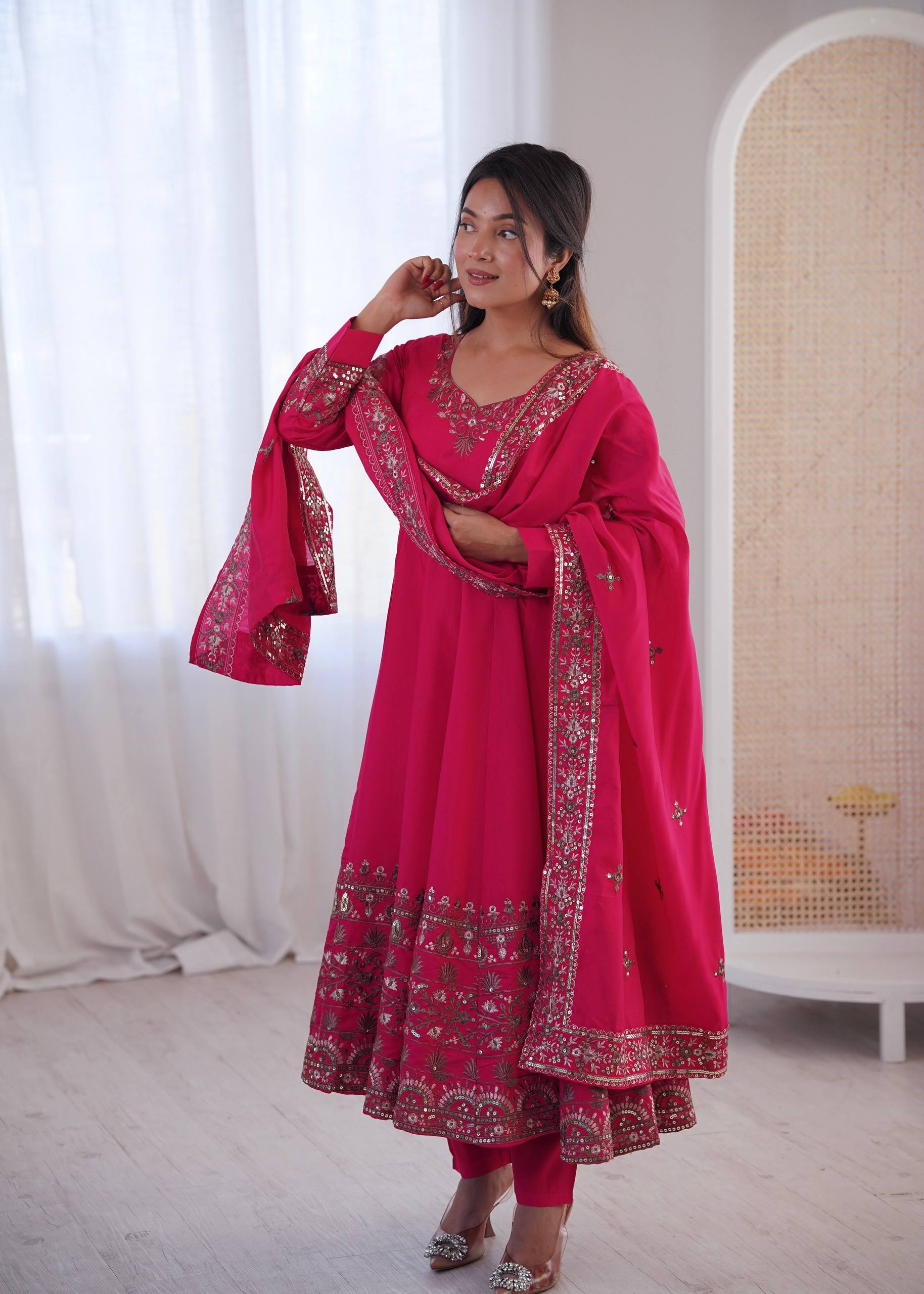 Pink Roman Silk Anarkali Gown Set