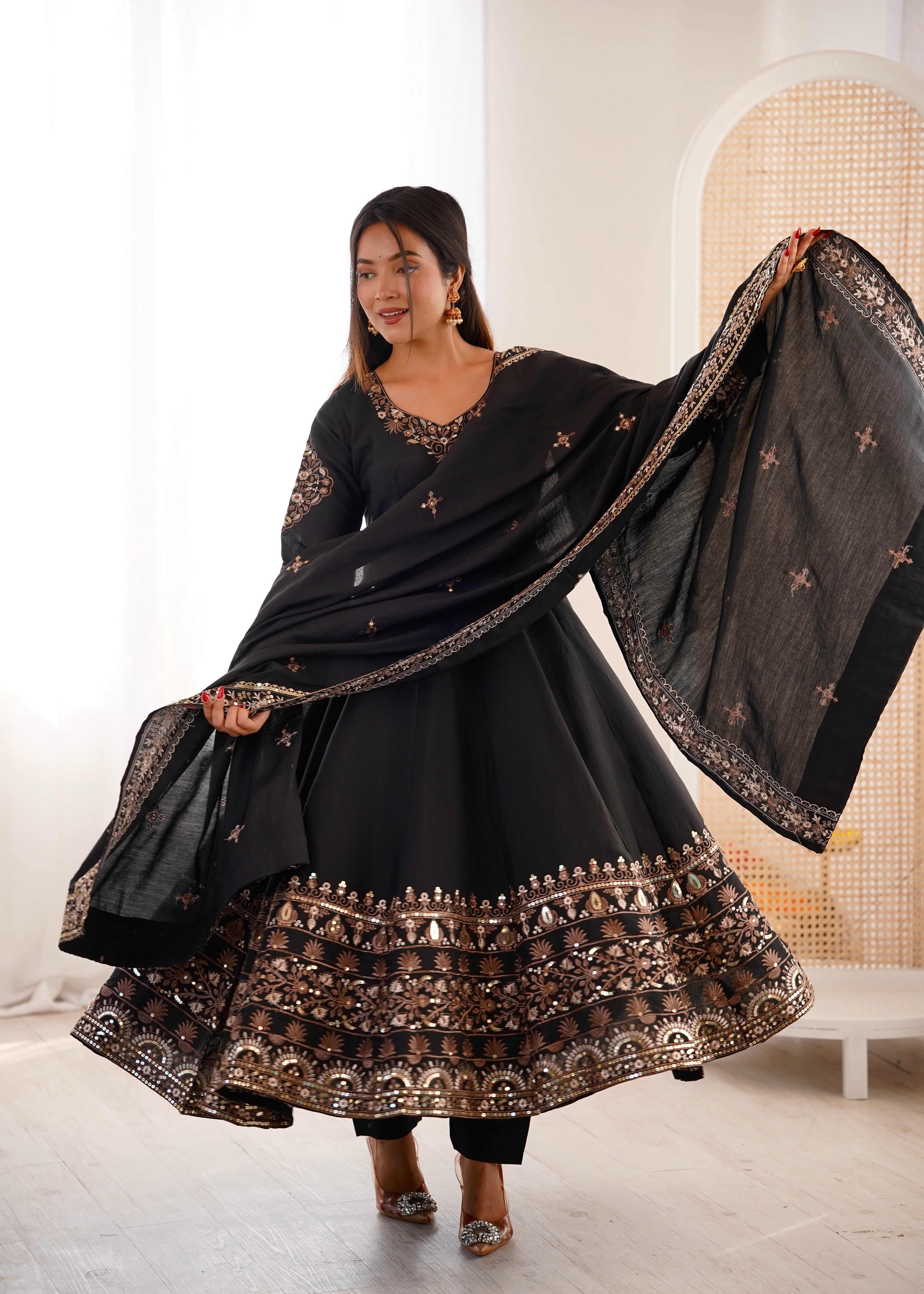 Black Roman Silk Anarkali Gown Set