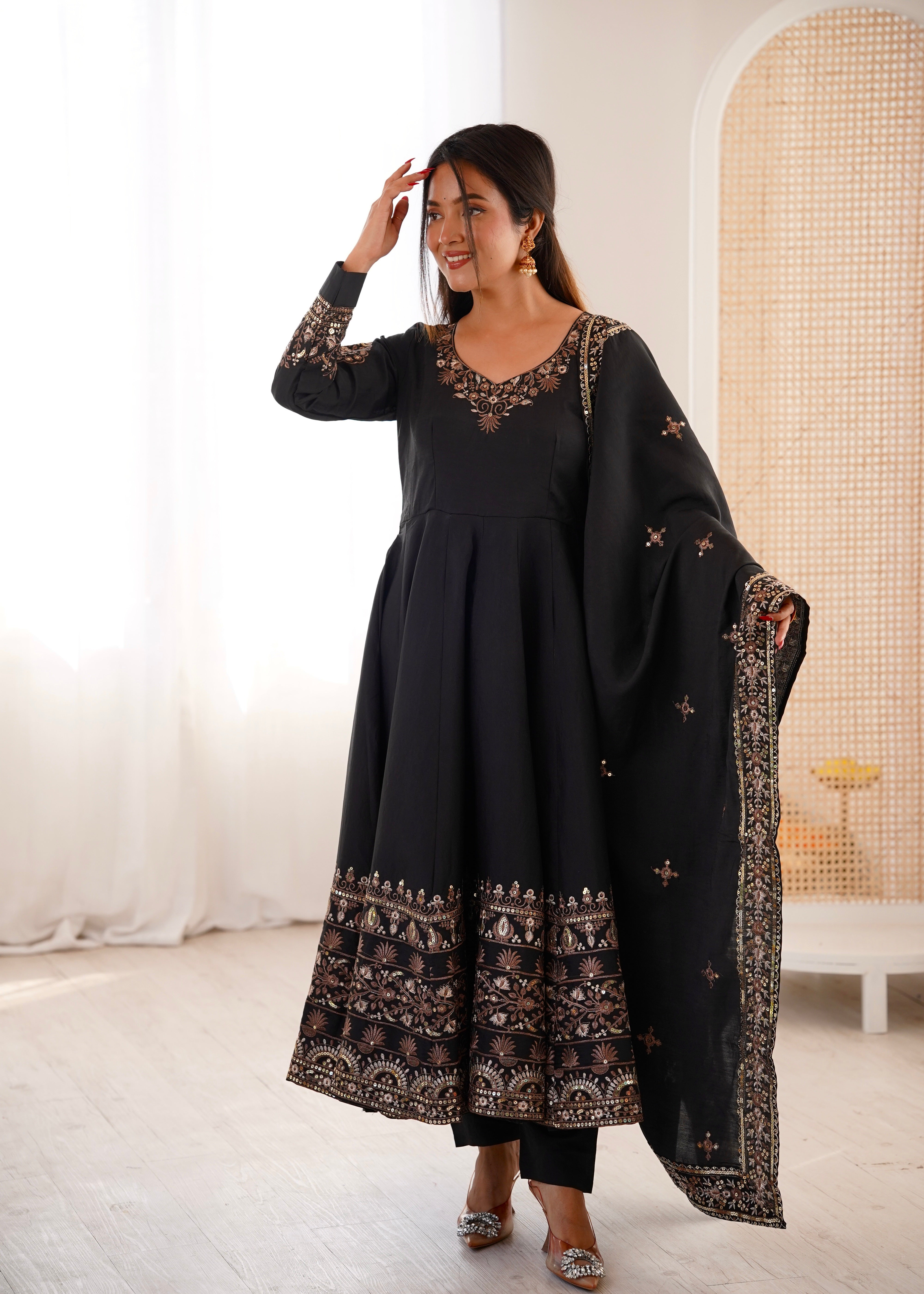 Black Roman Silk Anarkali Gown Set