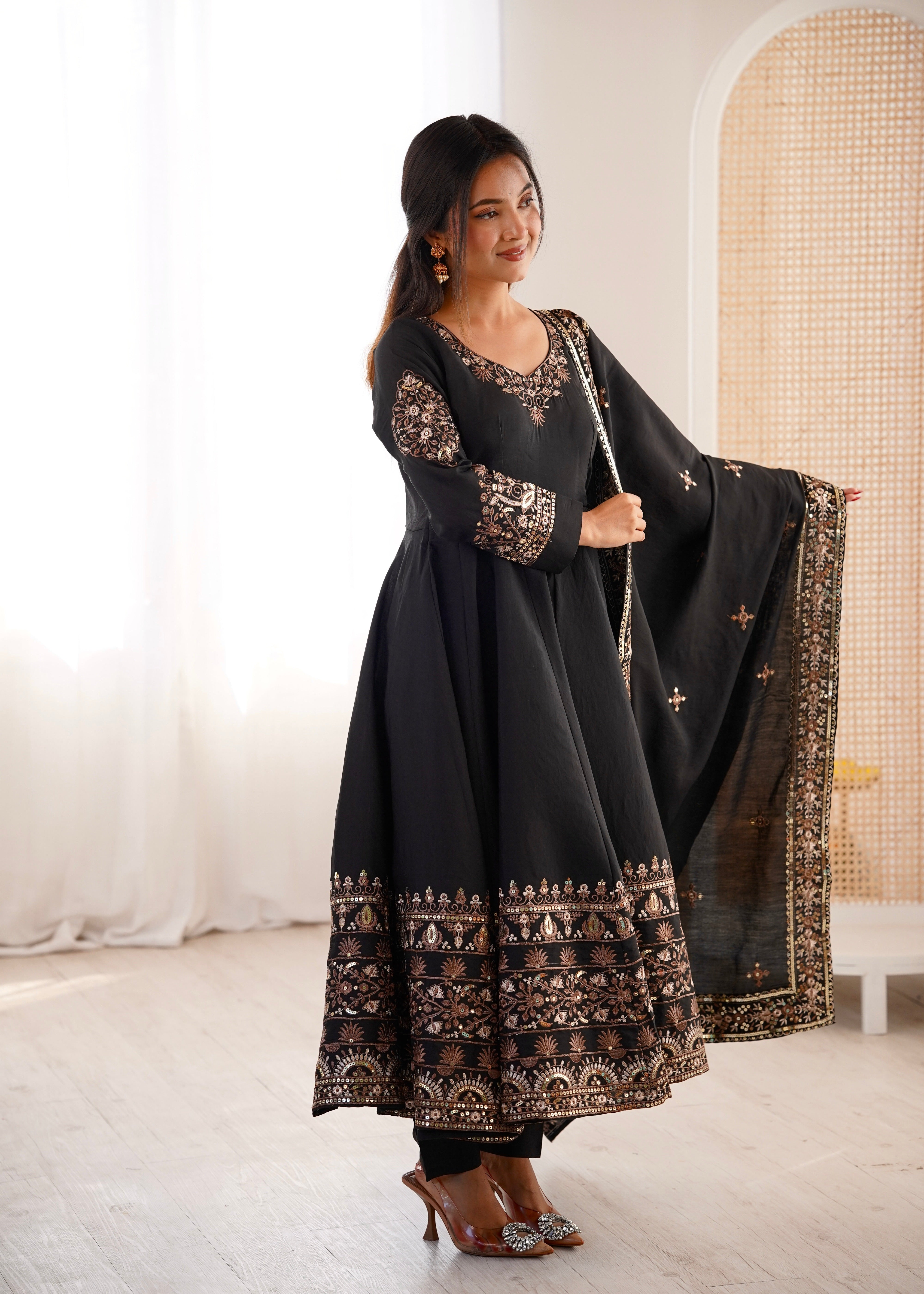 Black Roman Silk Anarkali Gown Set