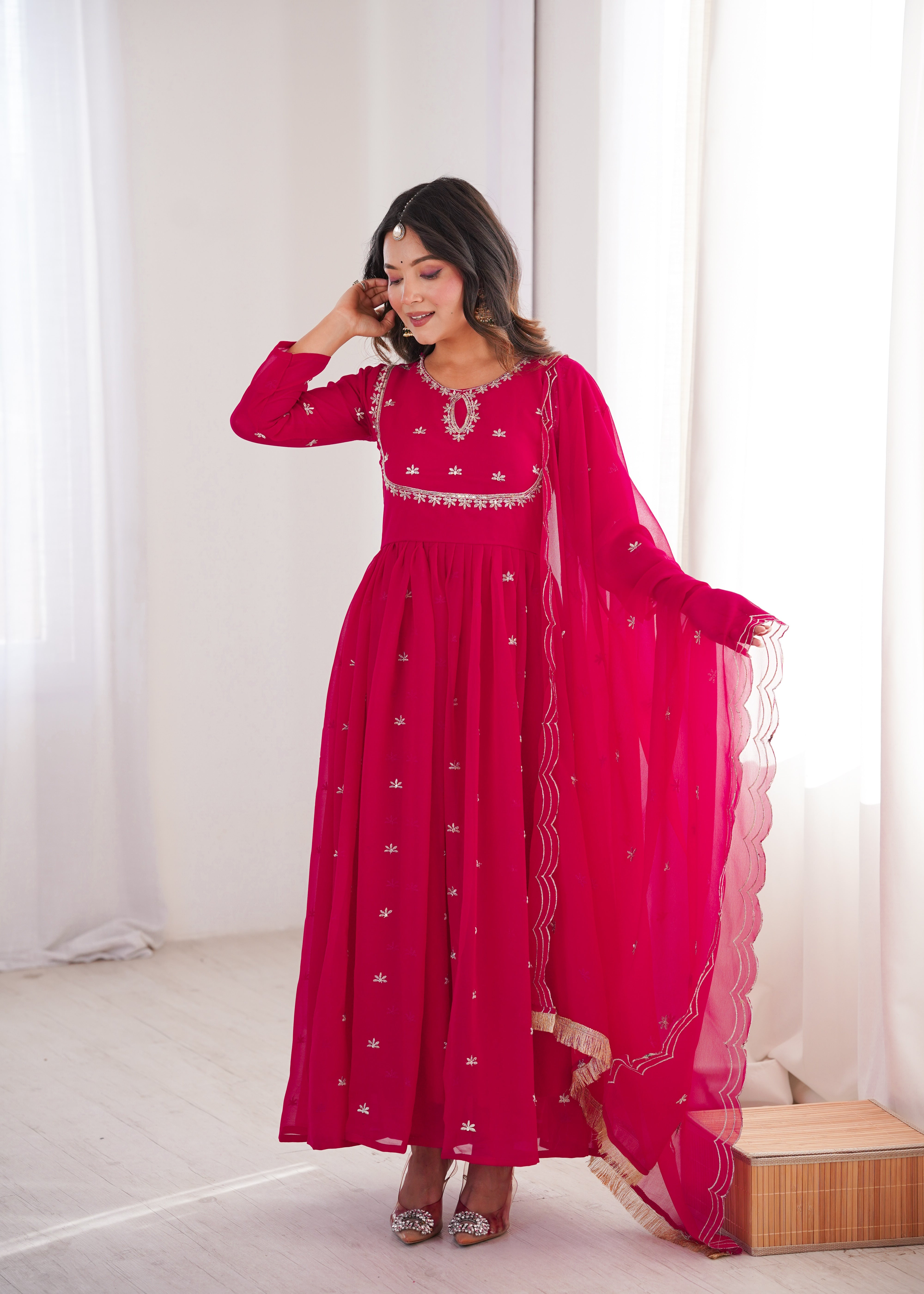 Rani Pink Georgette Sequins Gown Set with Dupatta