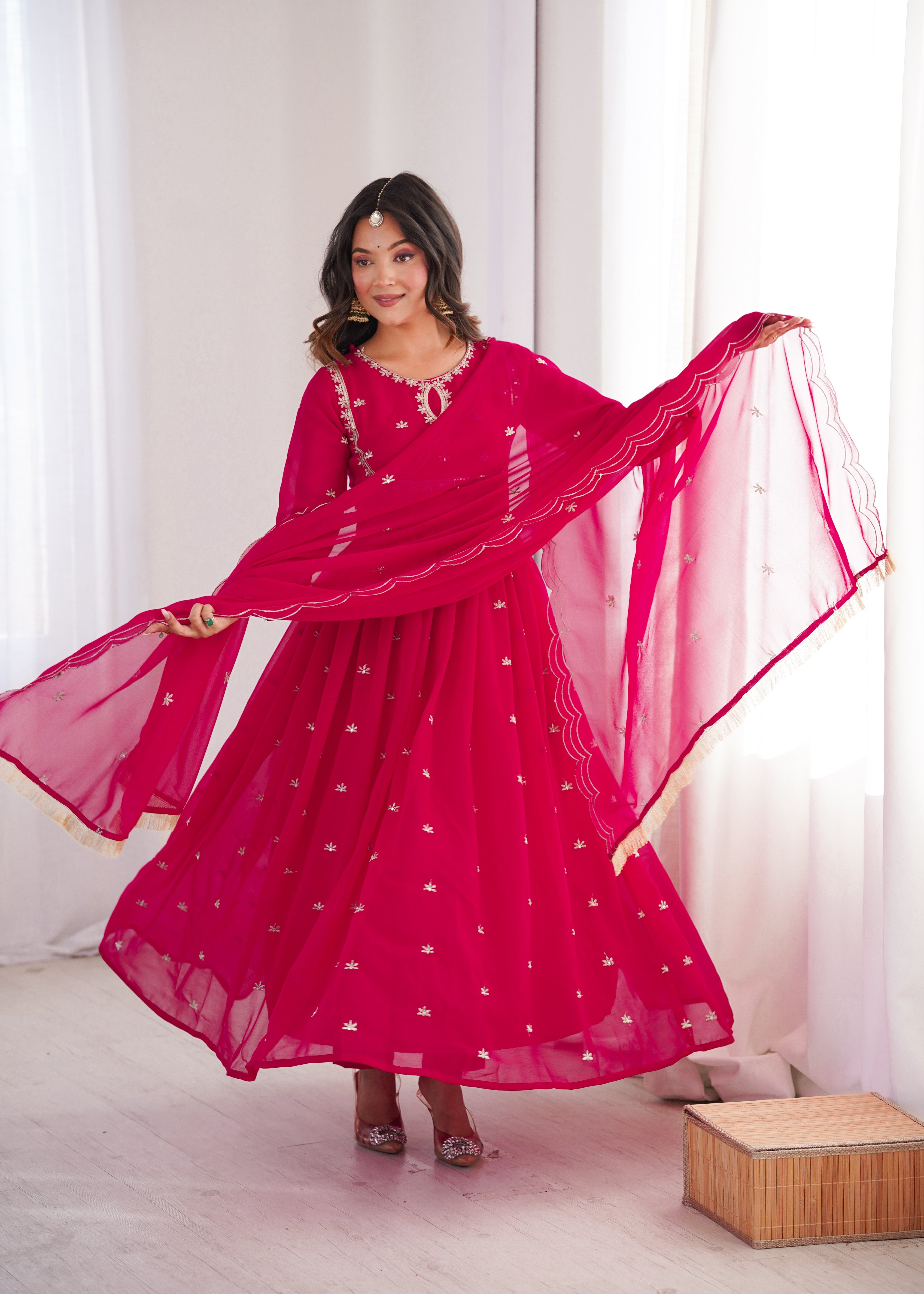 Rani Pink Georgette Sequins Gown Set with Dupatta