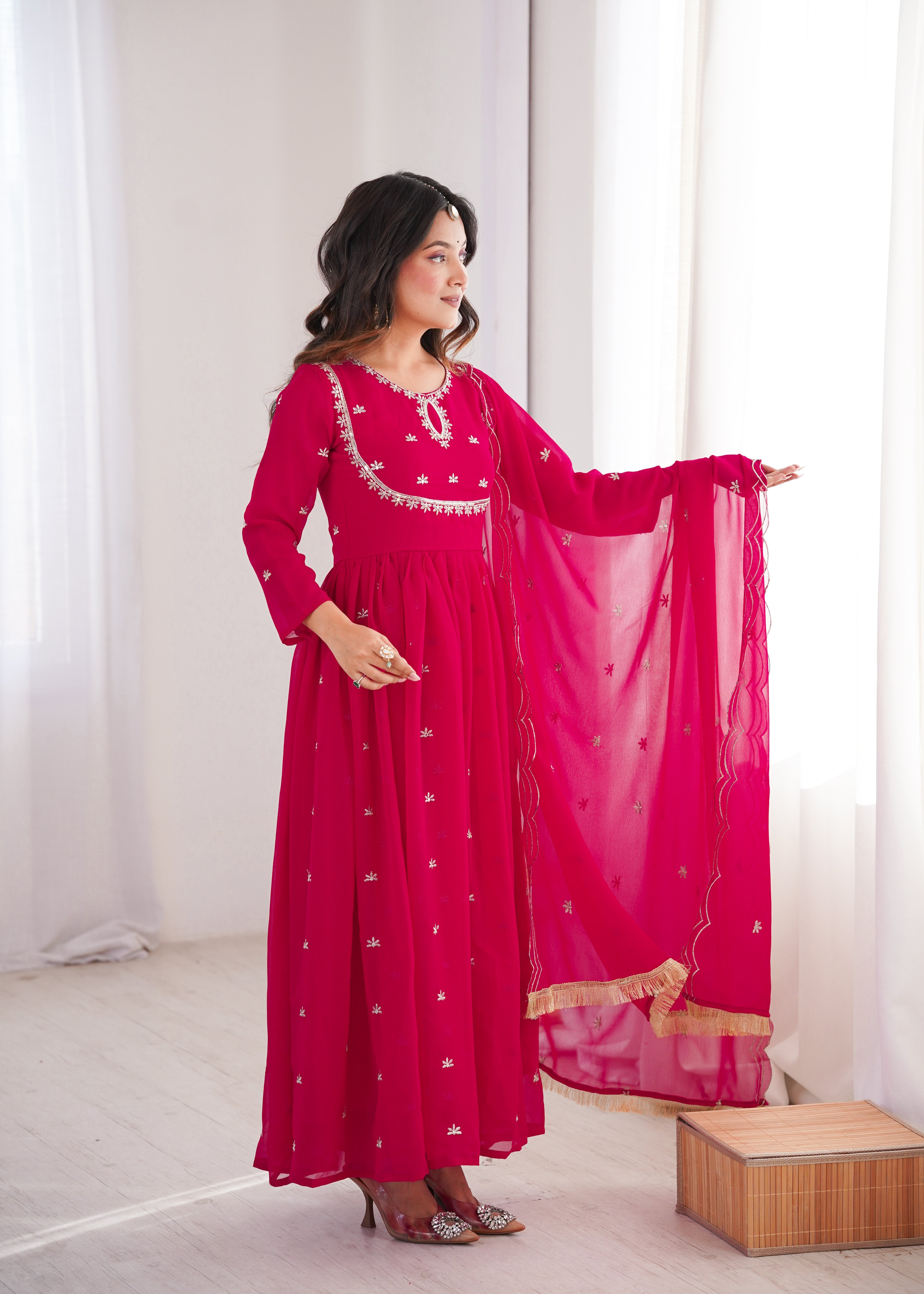 Rani Pink Georgette Sequins Gown Set with Dupatta