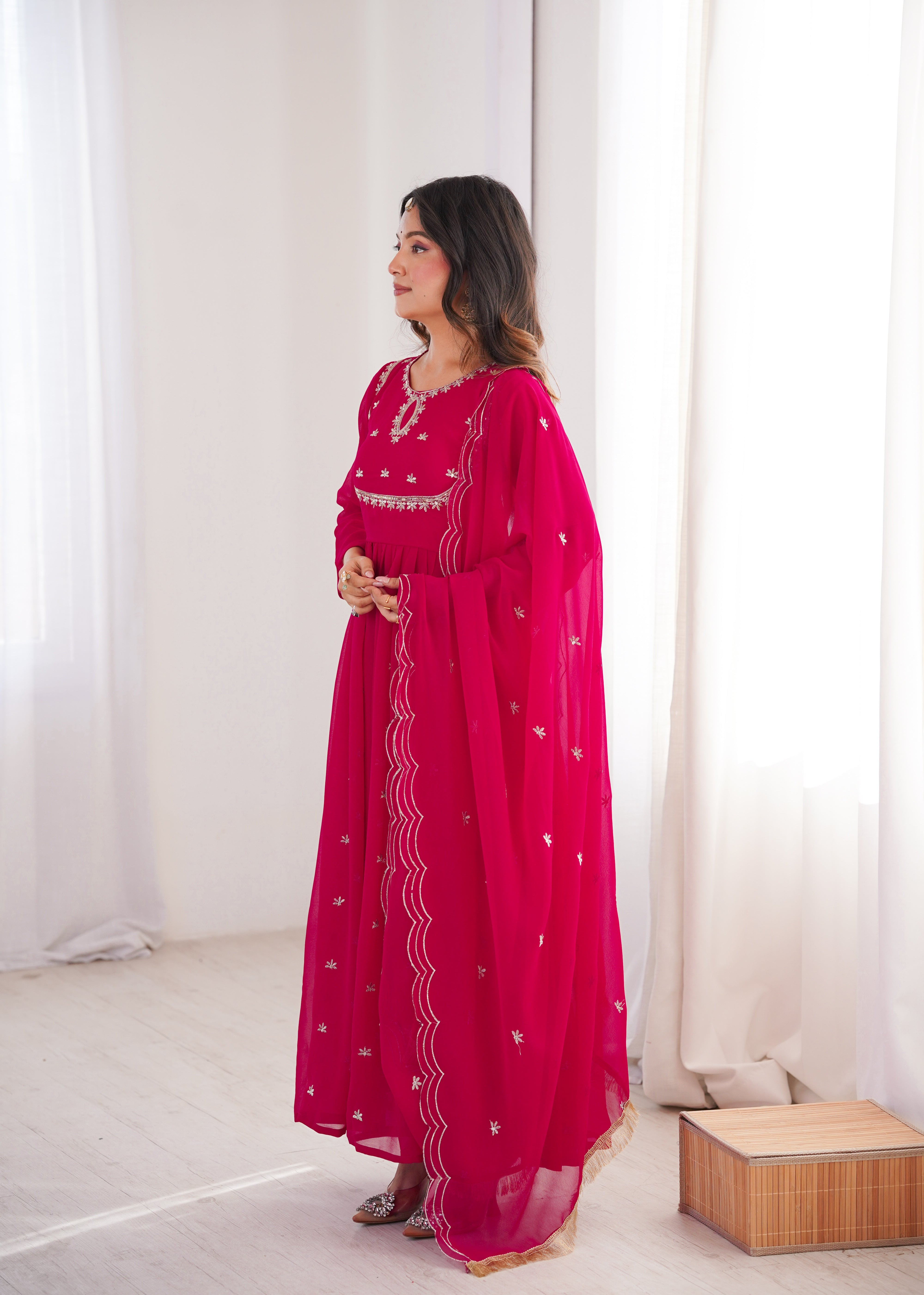 Rani Pink Georgette Sequins Gown Set with Dupatta