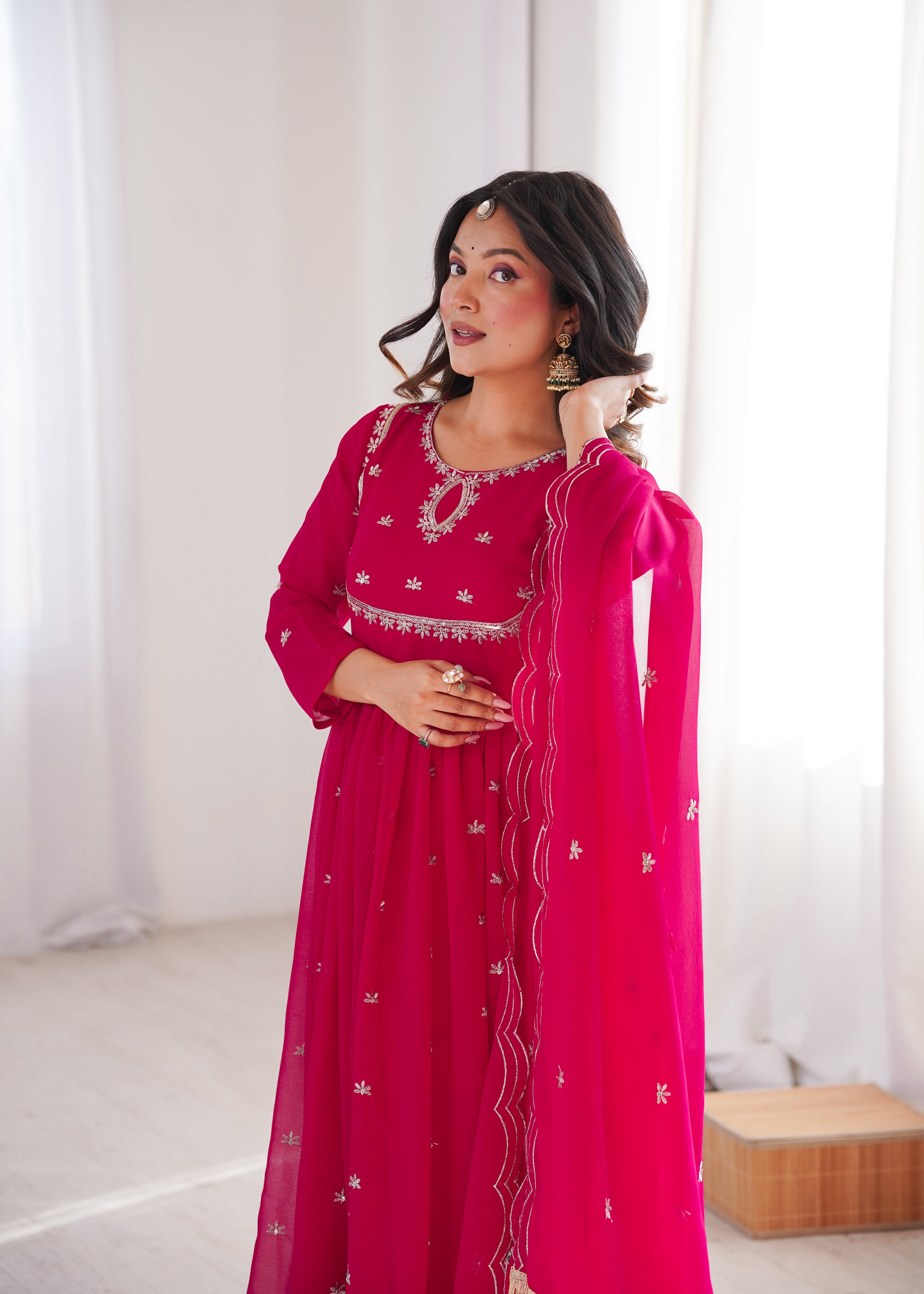 Rani Pink Georgette Sequins Gown Set with Dupatta