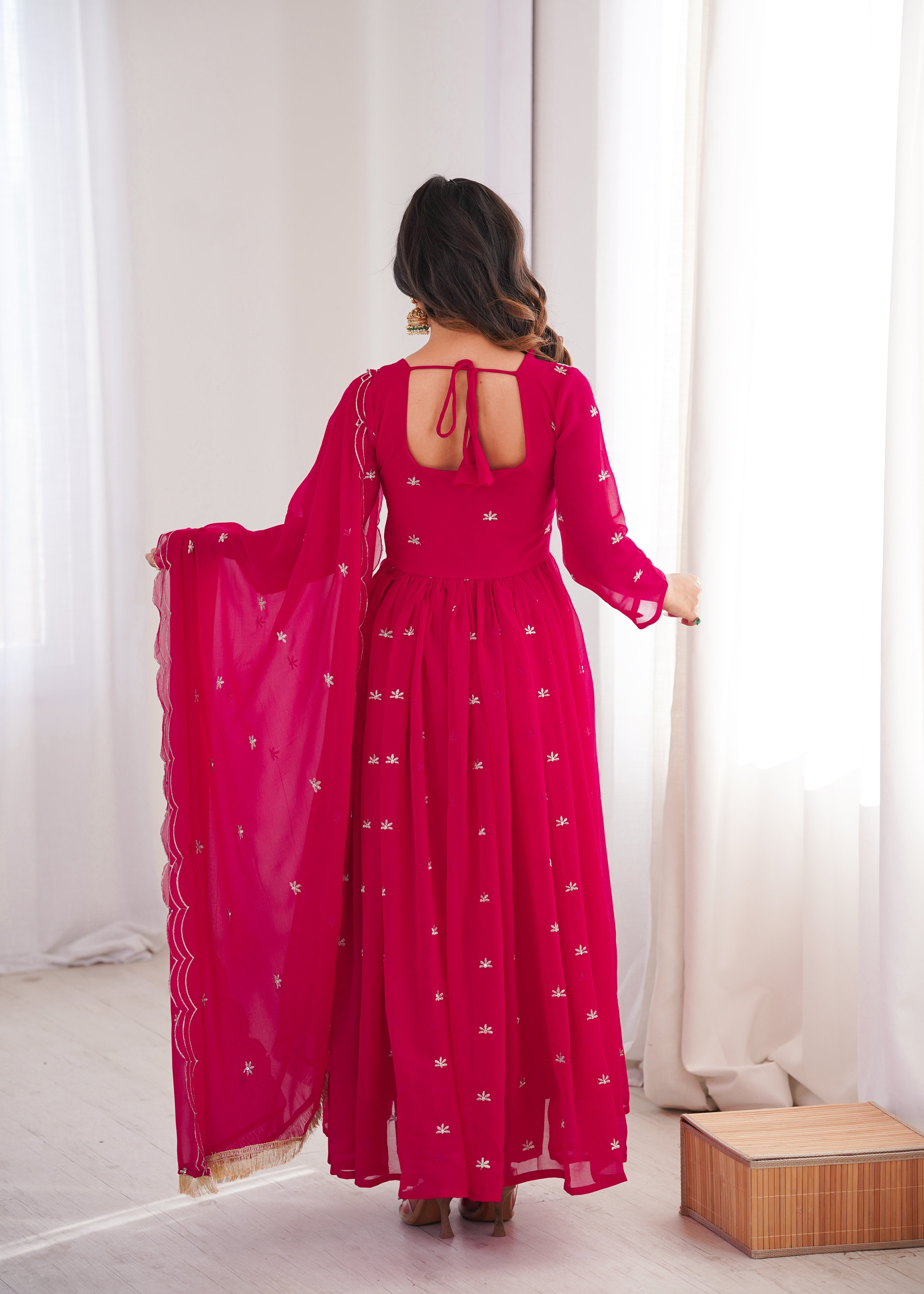Rani Pink Georgette Sequins Gown Set with Dupatta