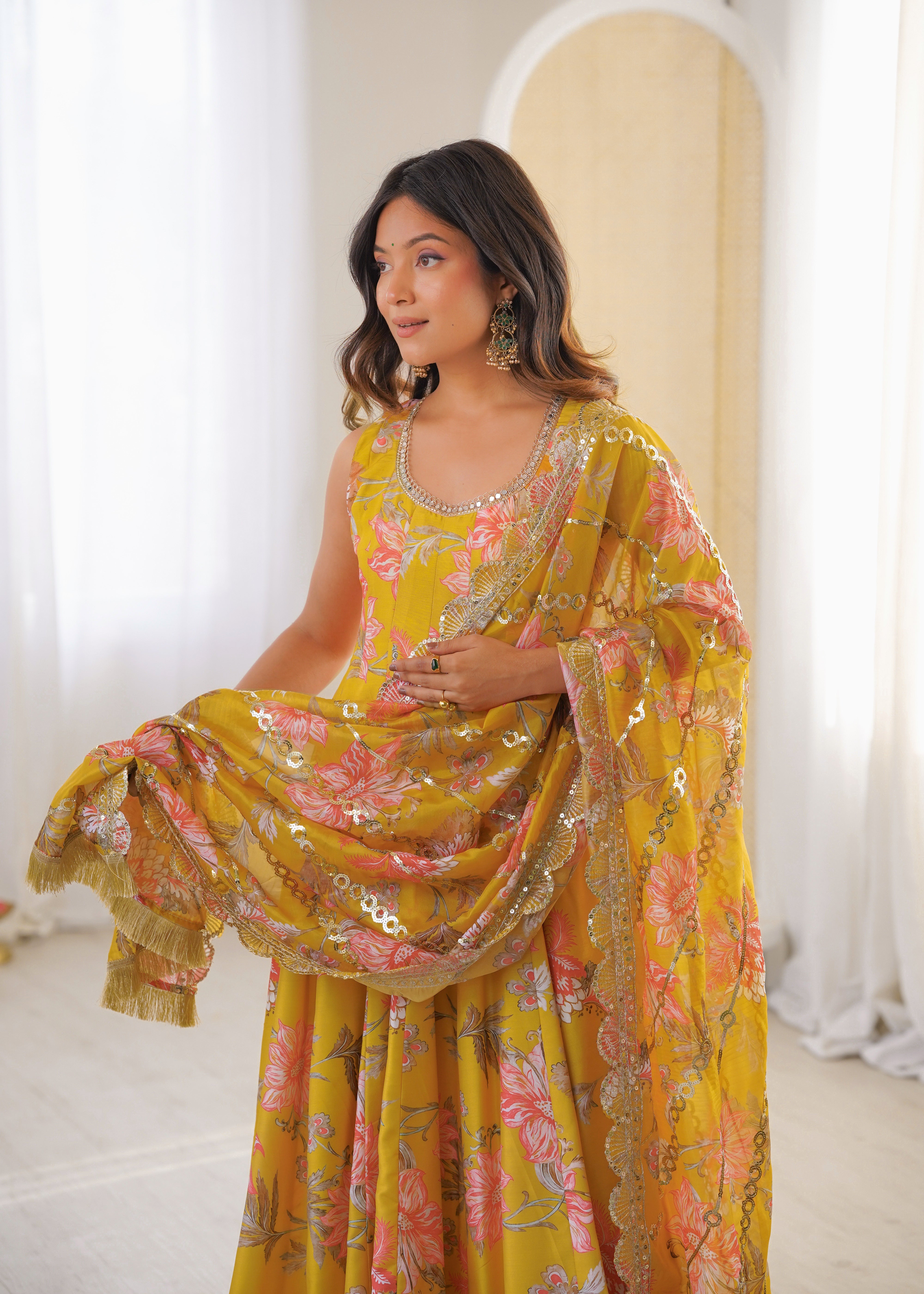 Sky Green Muslin Floral Anarkali Gown Set with Organza Dupatta