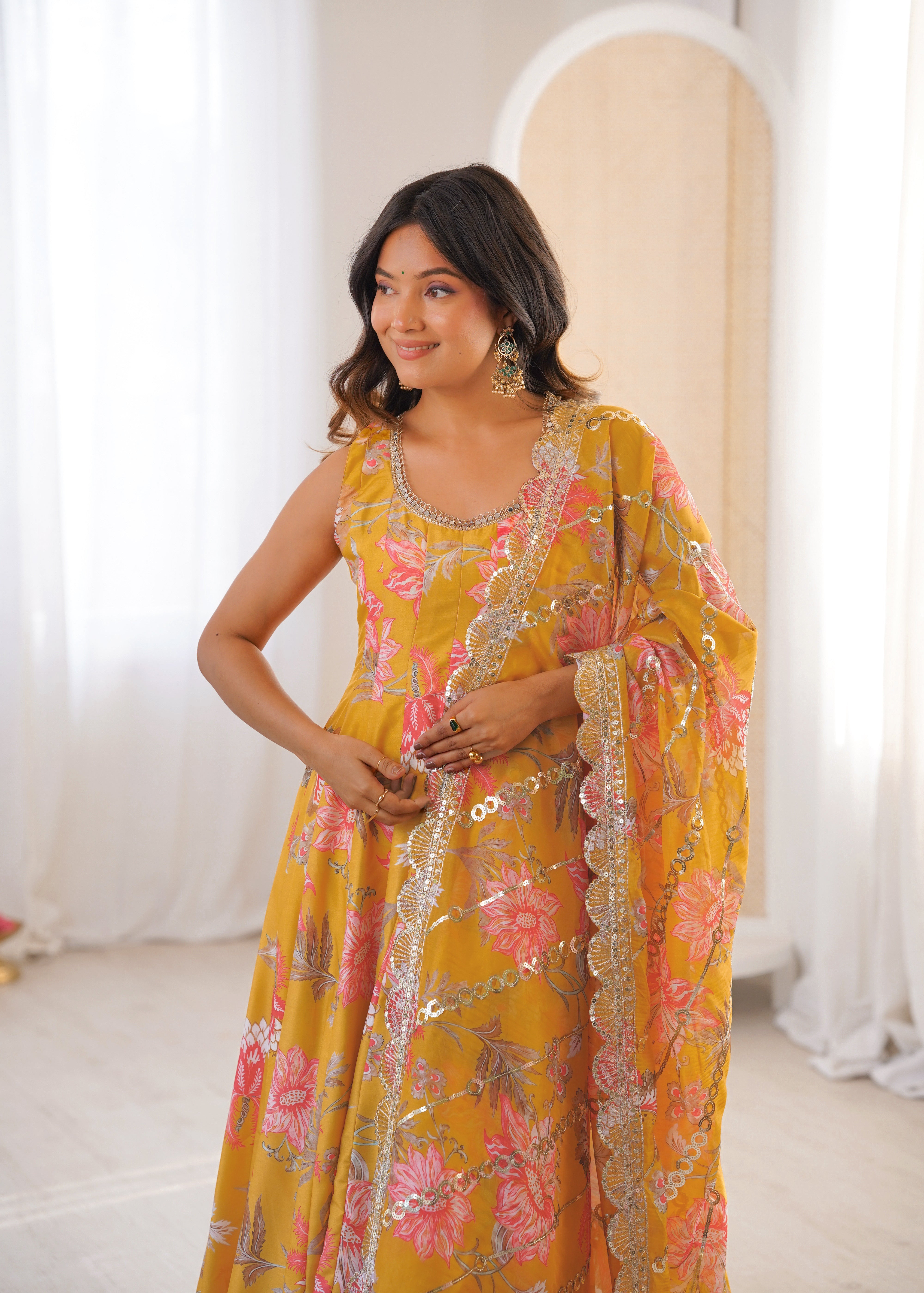 Sky Green Muslin Floral Anarkali Gown Set with Organza Dupatta
