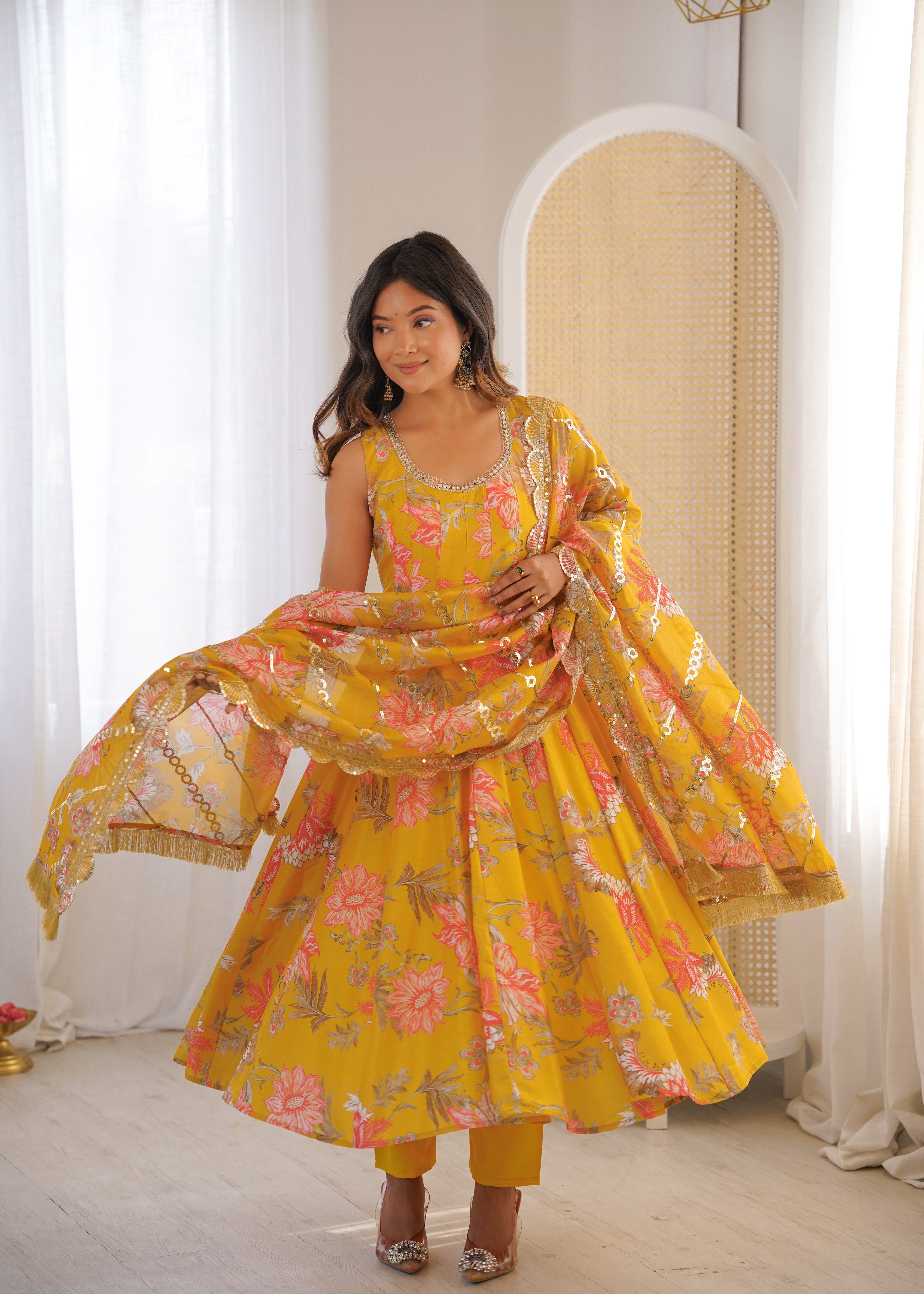 Sky Green Muslin Floral Anarkali Gown Set with Organza Dupatta