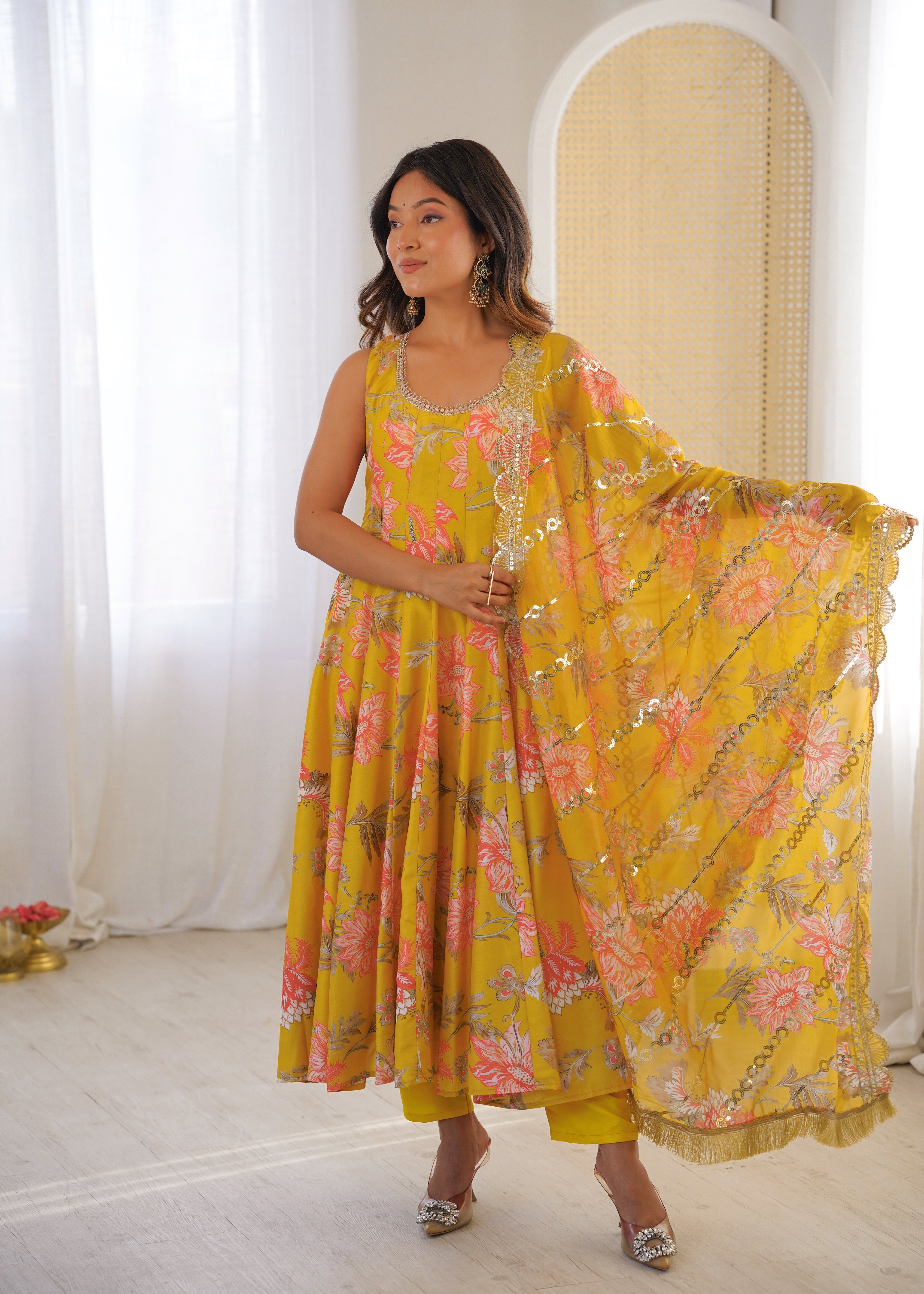 Sky Green Muslin Floral Anarkali Gown Set with Organza Dupatta