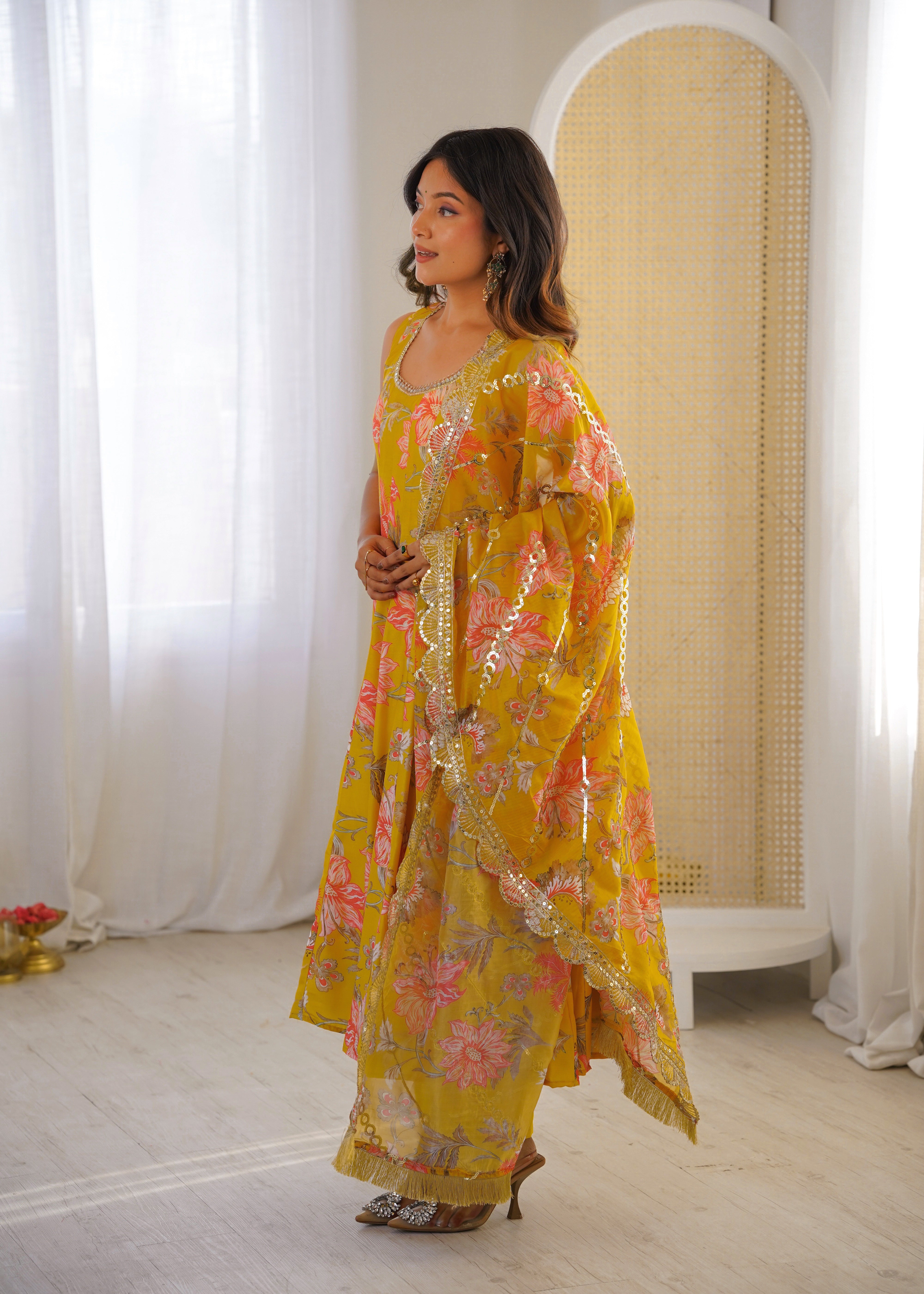 Sky Green Muslin Floral Anarkali Gown Set with Organza Dupatta
