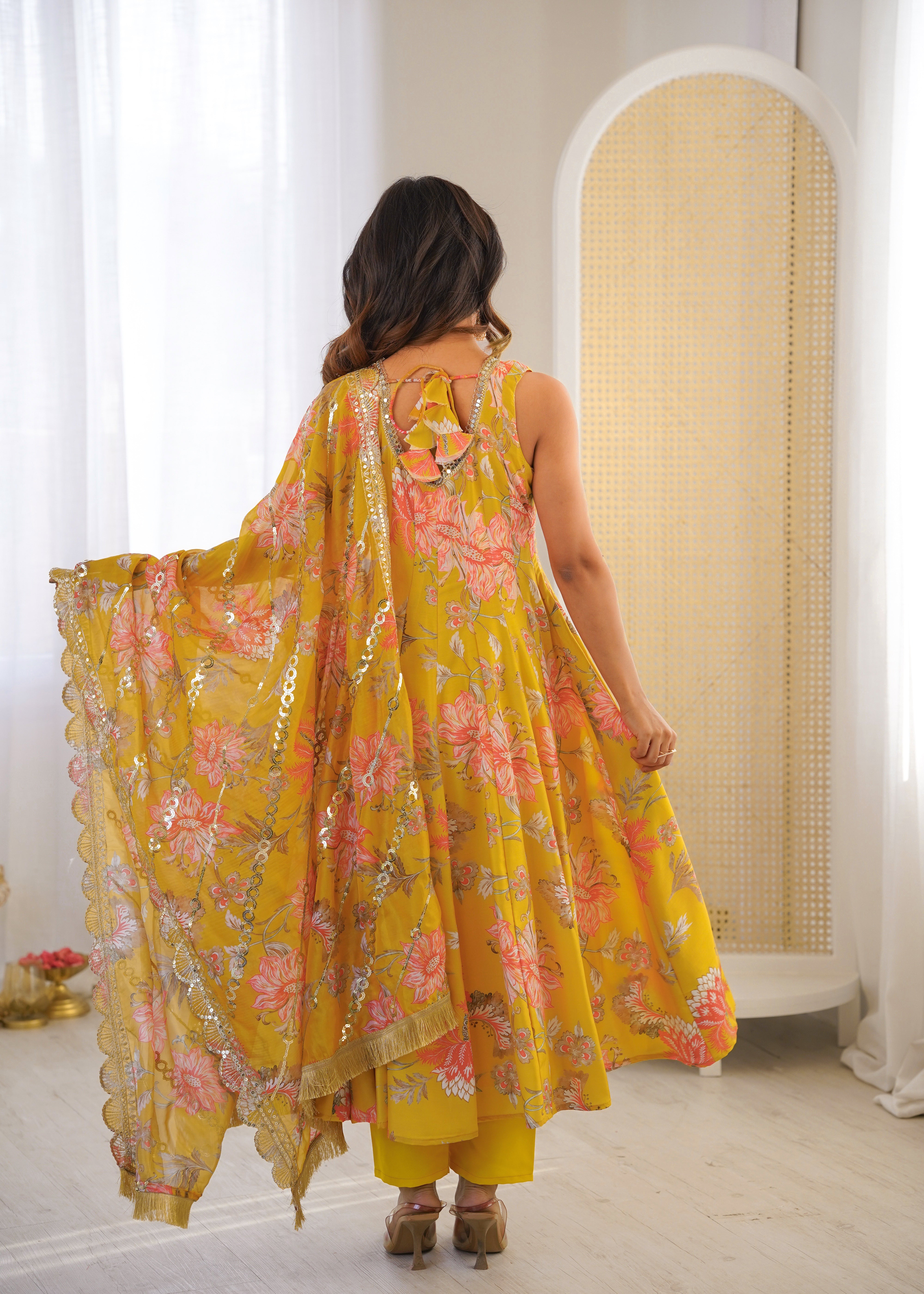 Sky Green Muslin Floral Anarkali Gown Set with Organza Dupatta