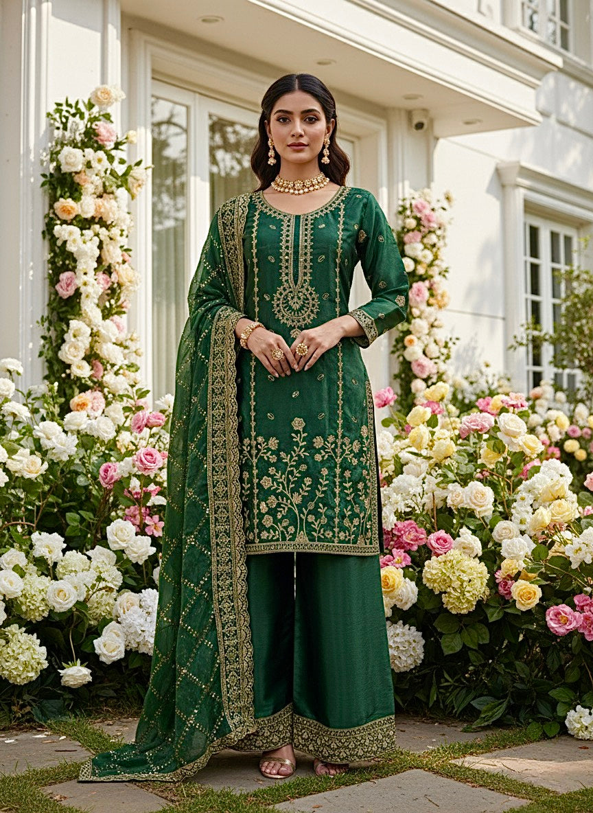 GMY Silk Heavy Sequins Kurti Palazzo Set with Dupatta