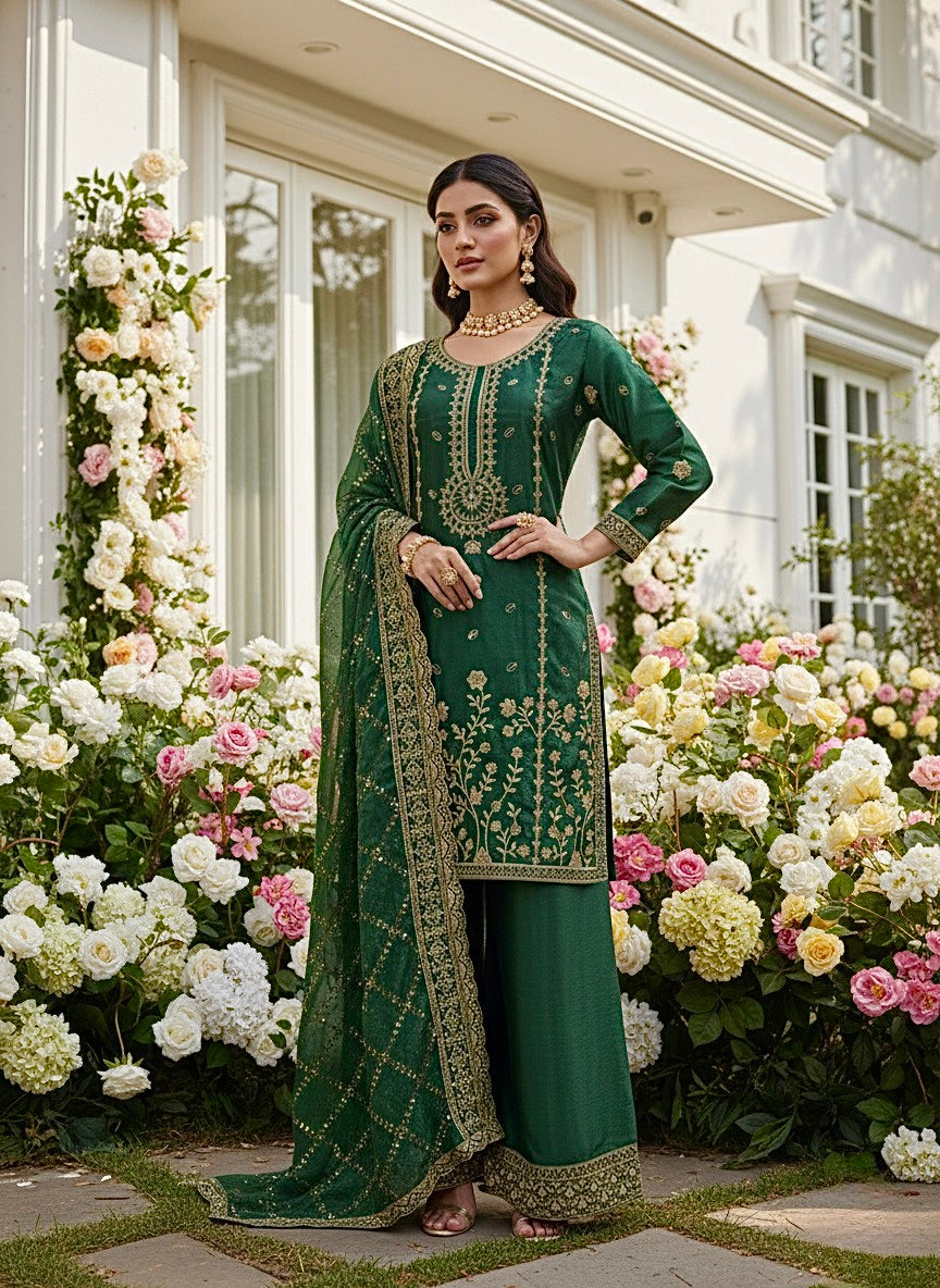 GMY Silk Heavy Sequins Kurti Palazzo Set with Dupatta