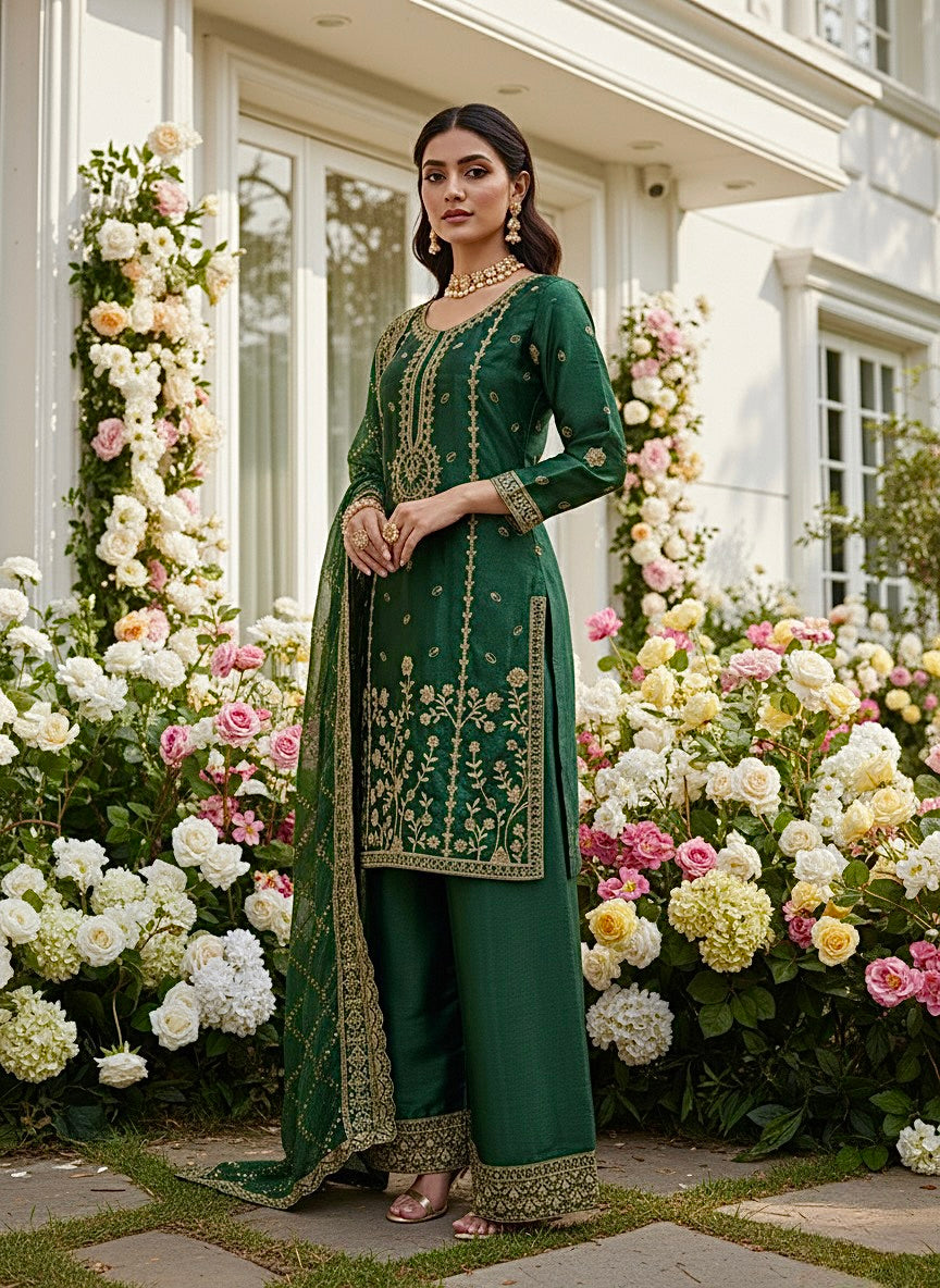 GMY Silk Heavy Sequins Kurti Palazzo Set with Dupatta