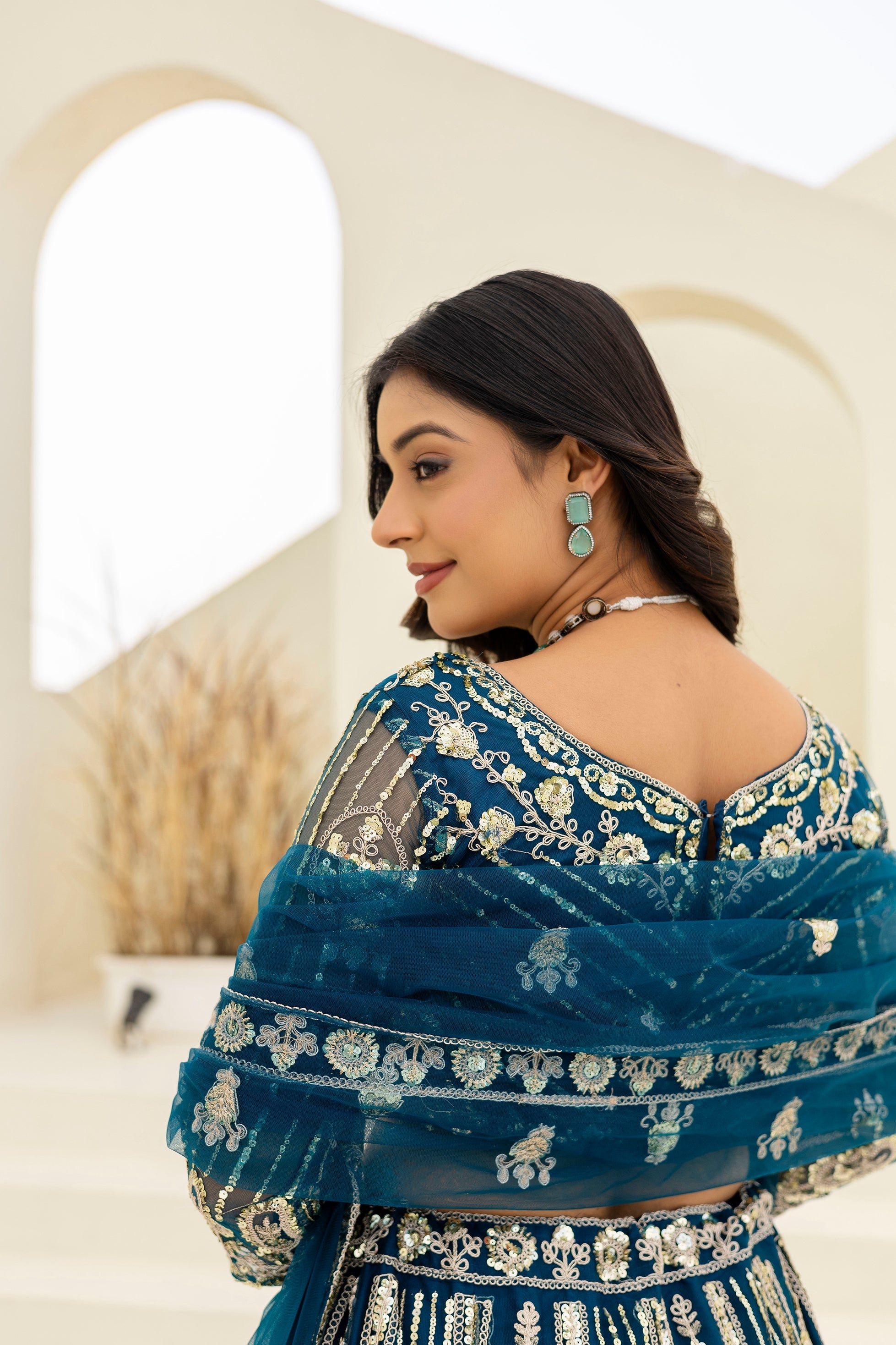 Net Sequins Embroidered Lehenga Set with Dupatta