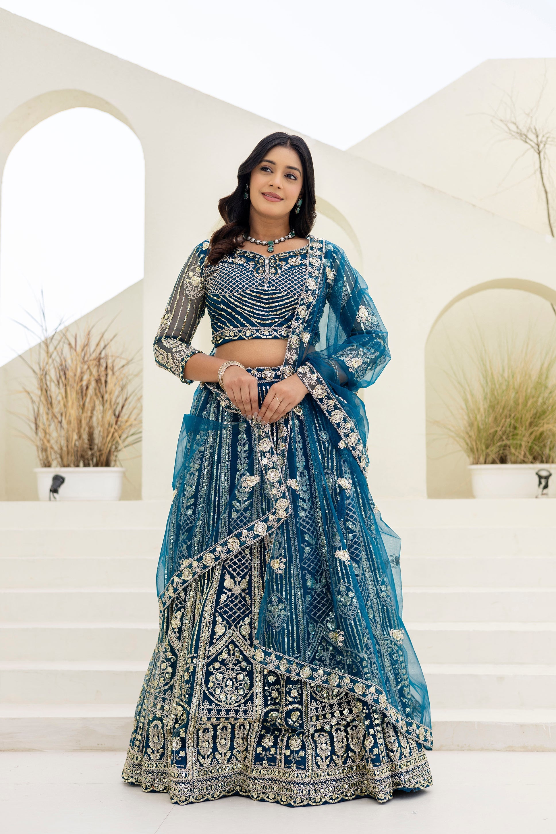 Net Sequins Embroidered Lehenga Set with Dupatta
