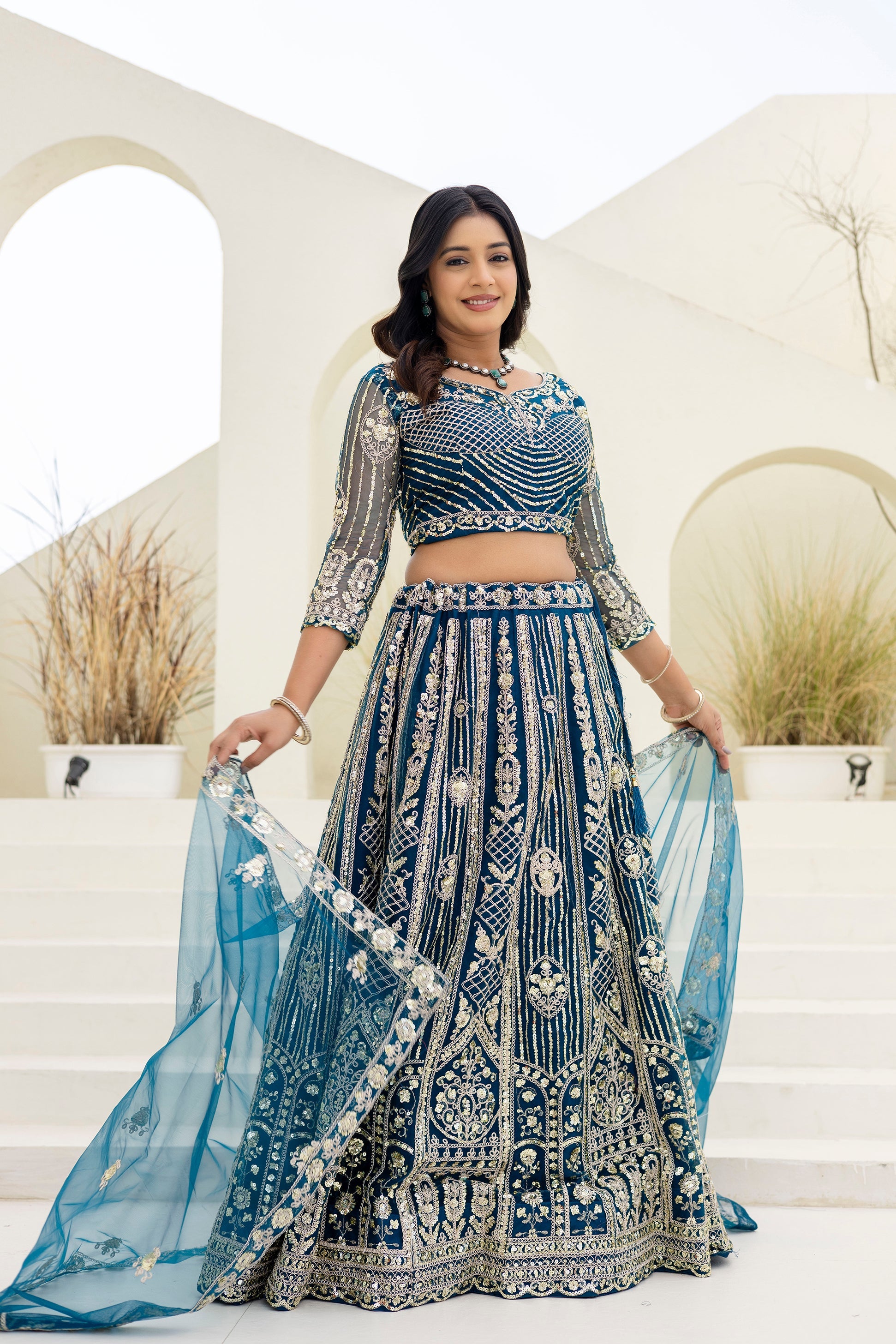 Net Sequins Embroidered Lehenga Set with Dupatta