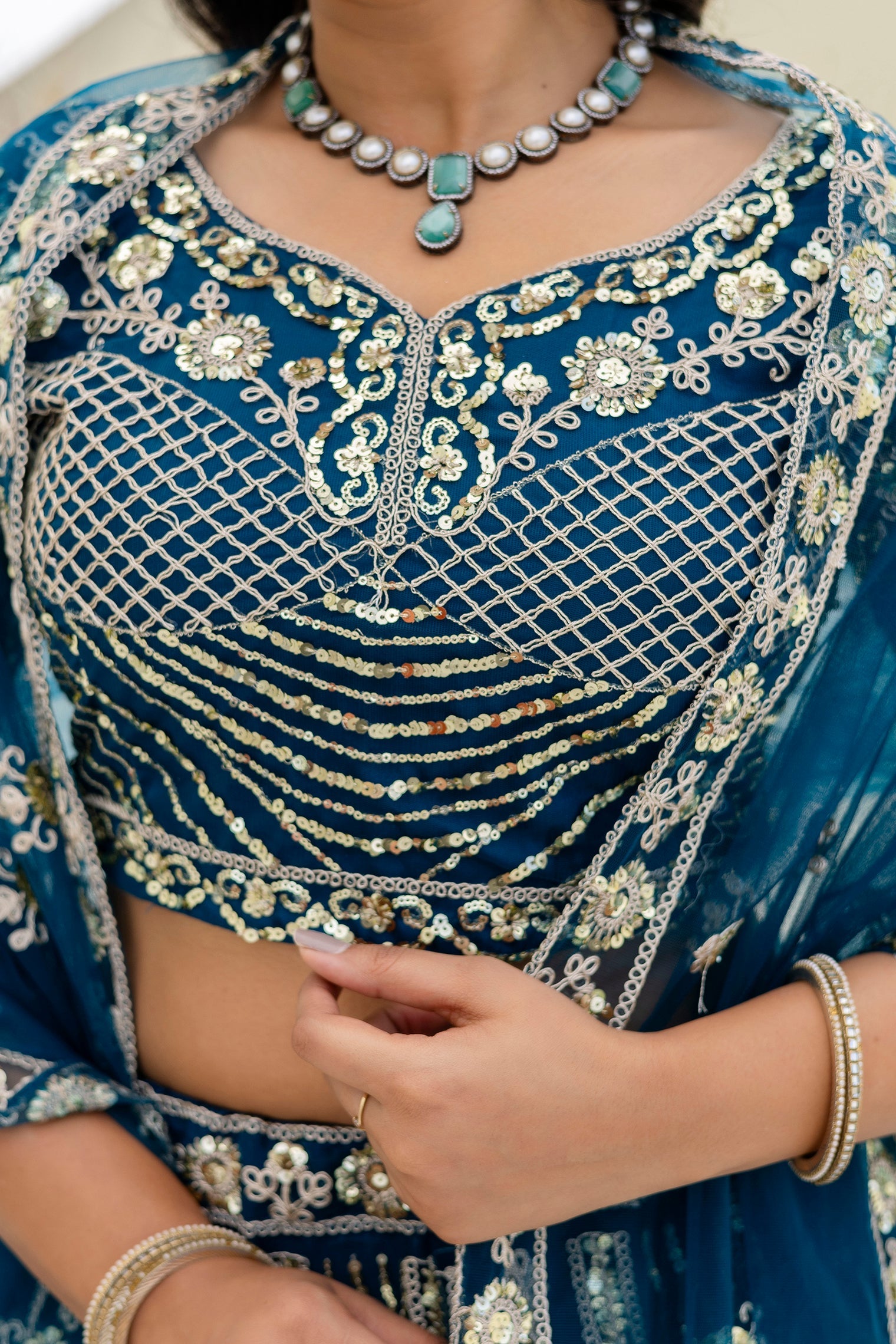Net Sequins Embroidered Lehenga Set with Dupatta