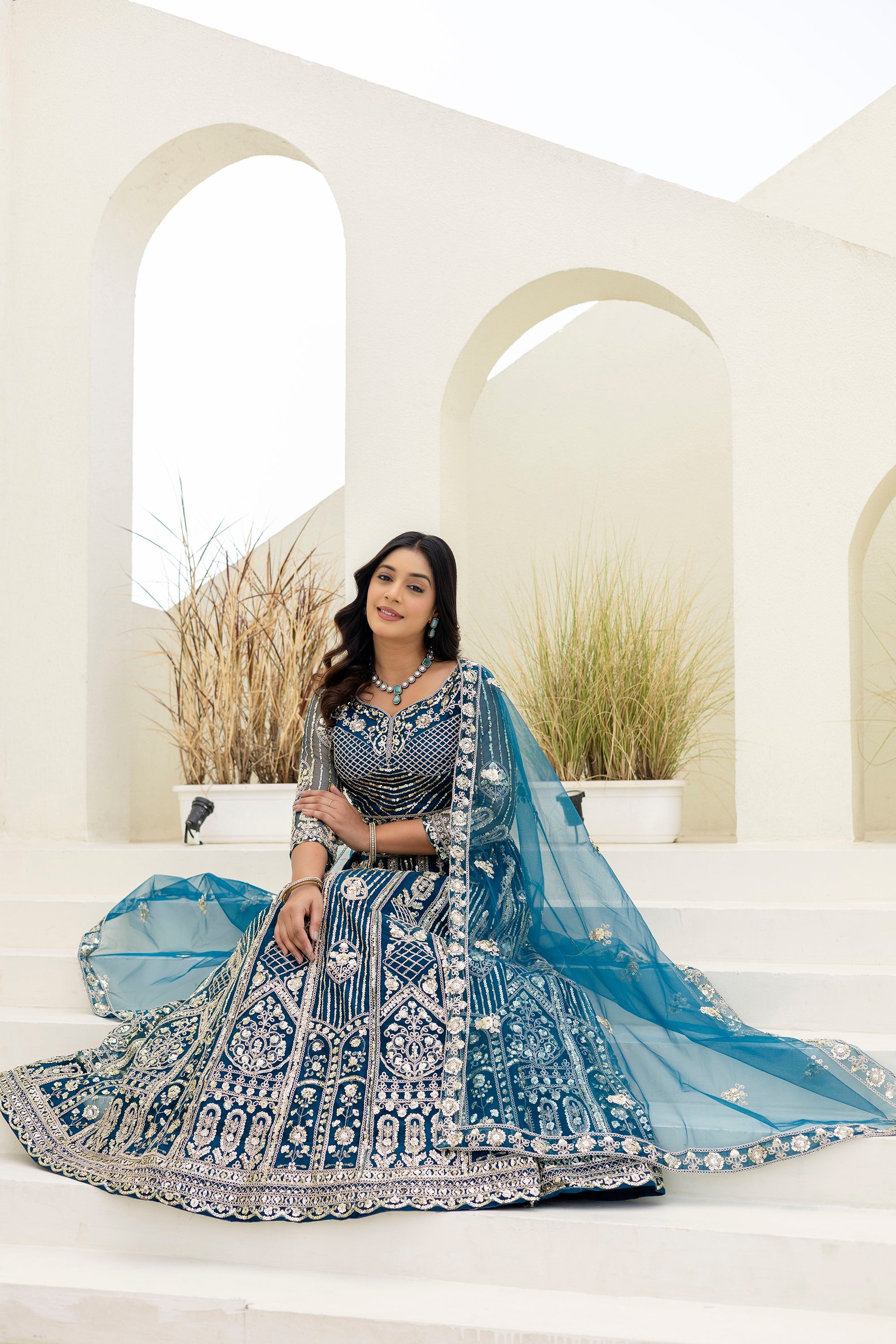 Net Sequins Embroidered Lehenga Set with Dupatta