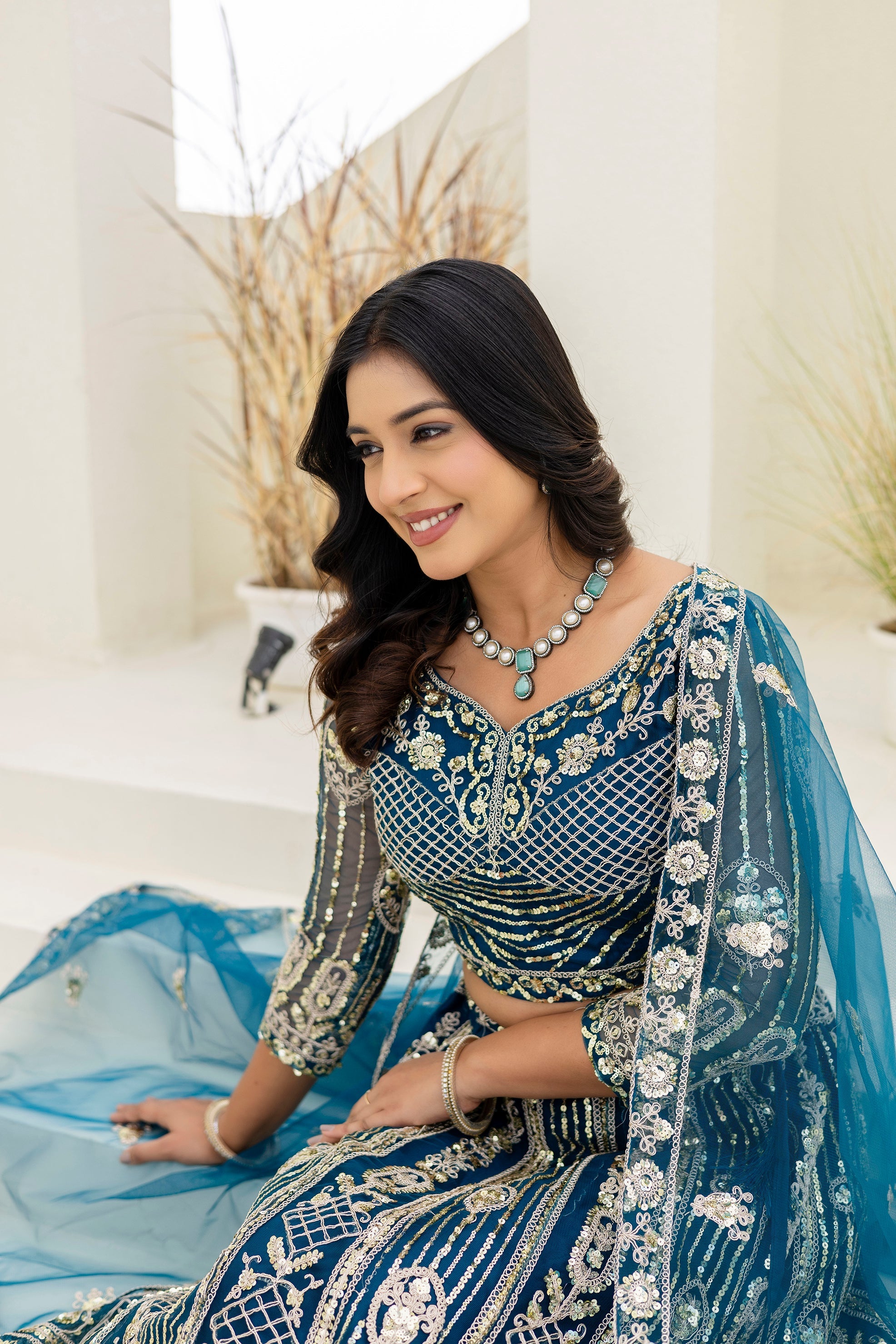 Net Sequins Embroidered Lehenga Set with Dupatta