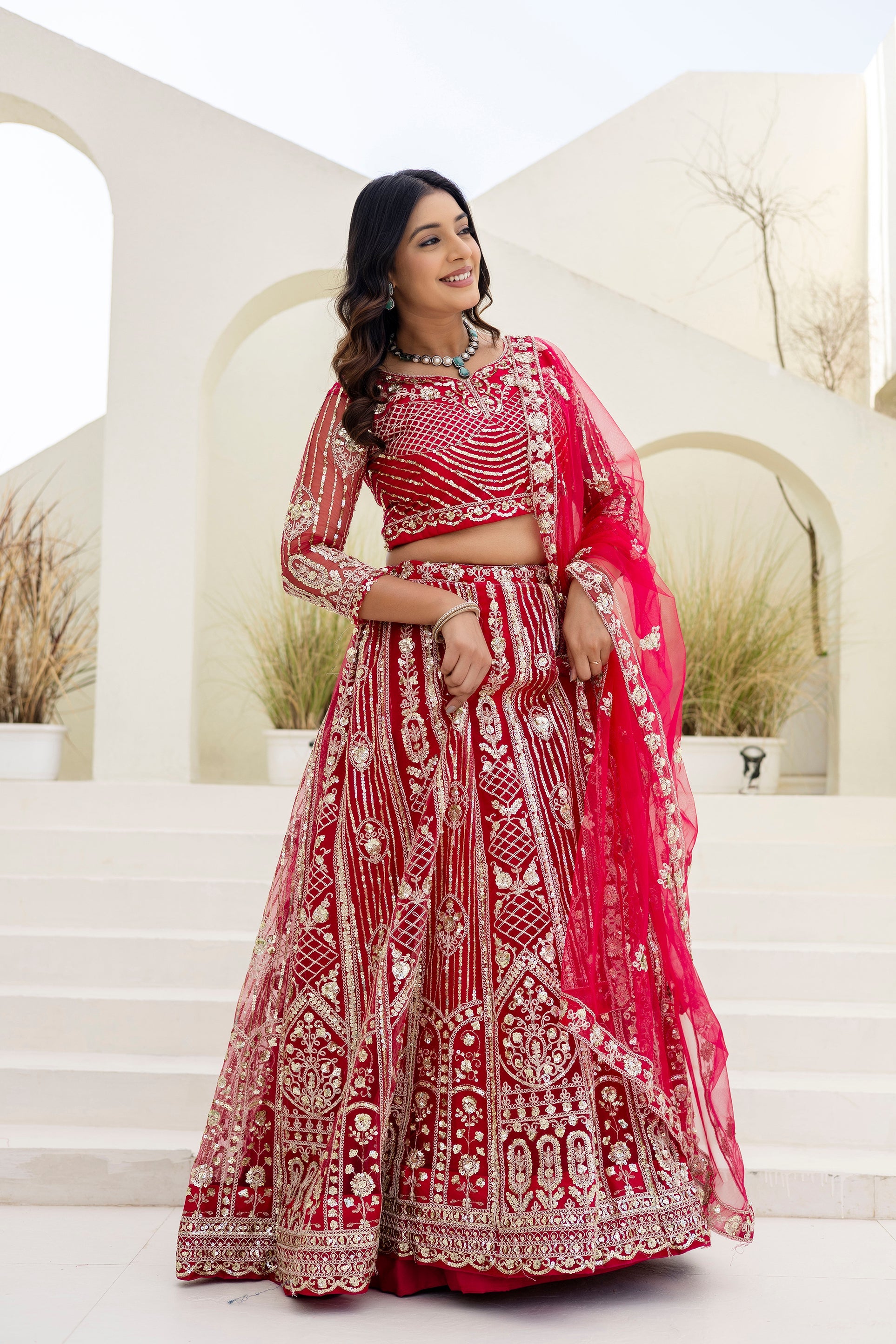 Net Sequins Embroidered Lehenga Set with Dupatta
