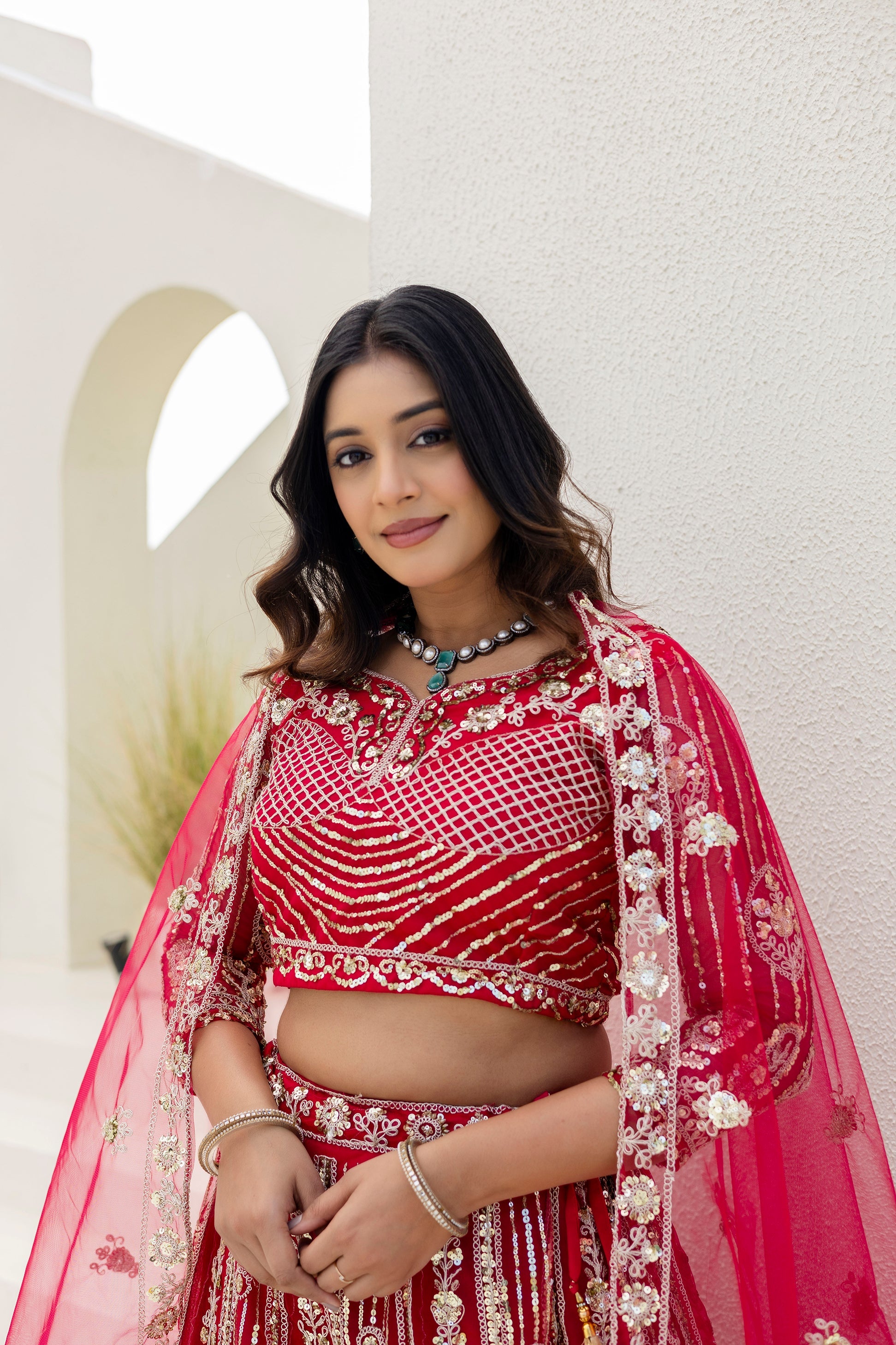 Net Sequins Embroidered Lehenga Set with Dupatta