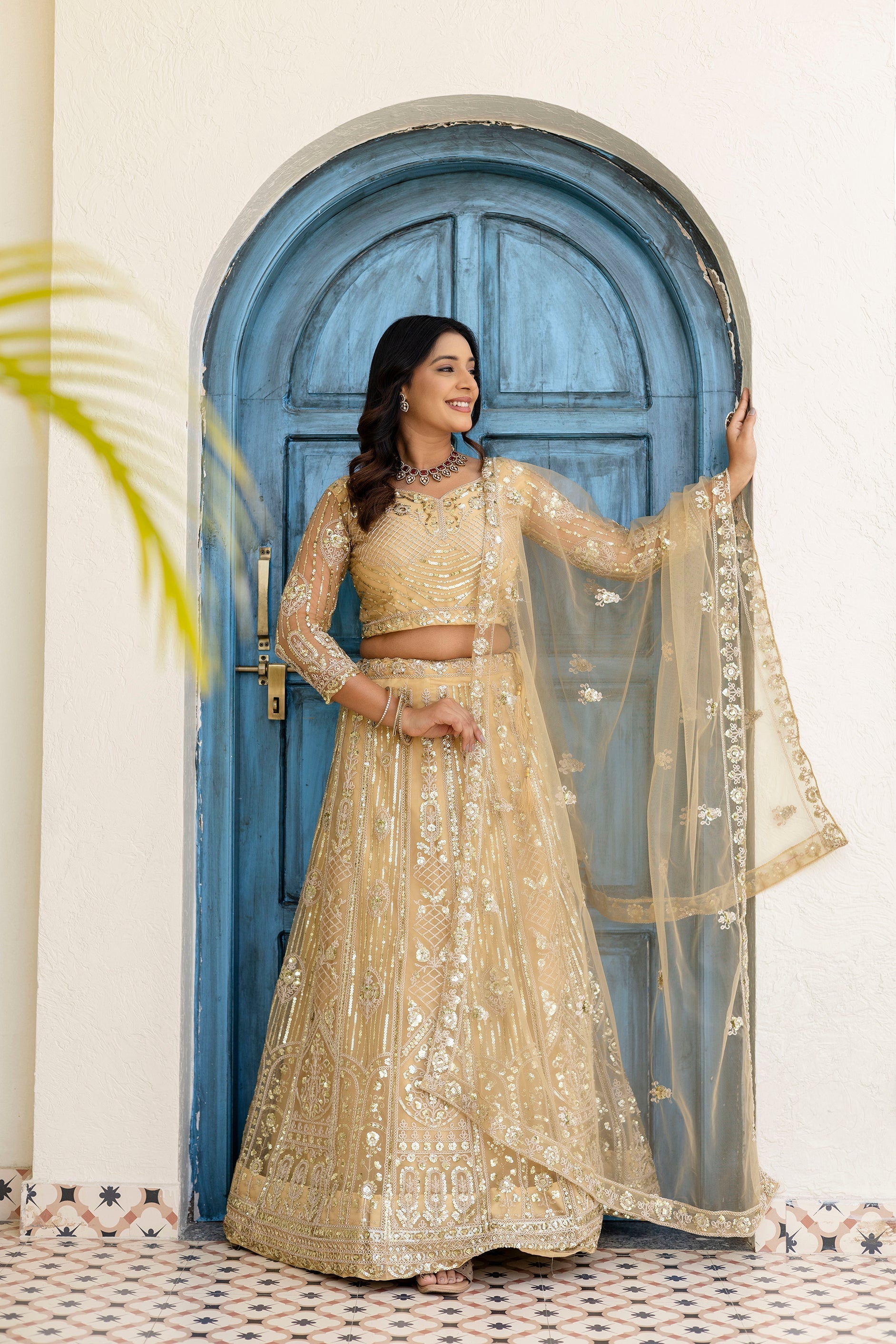 Net Sequins Embroidered Lehenga Set with Dupatta