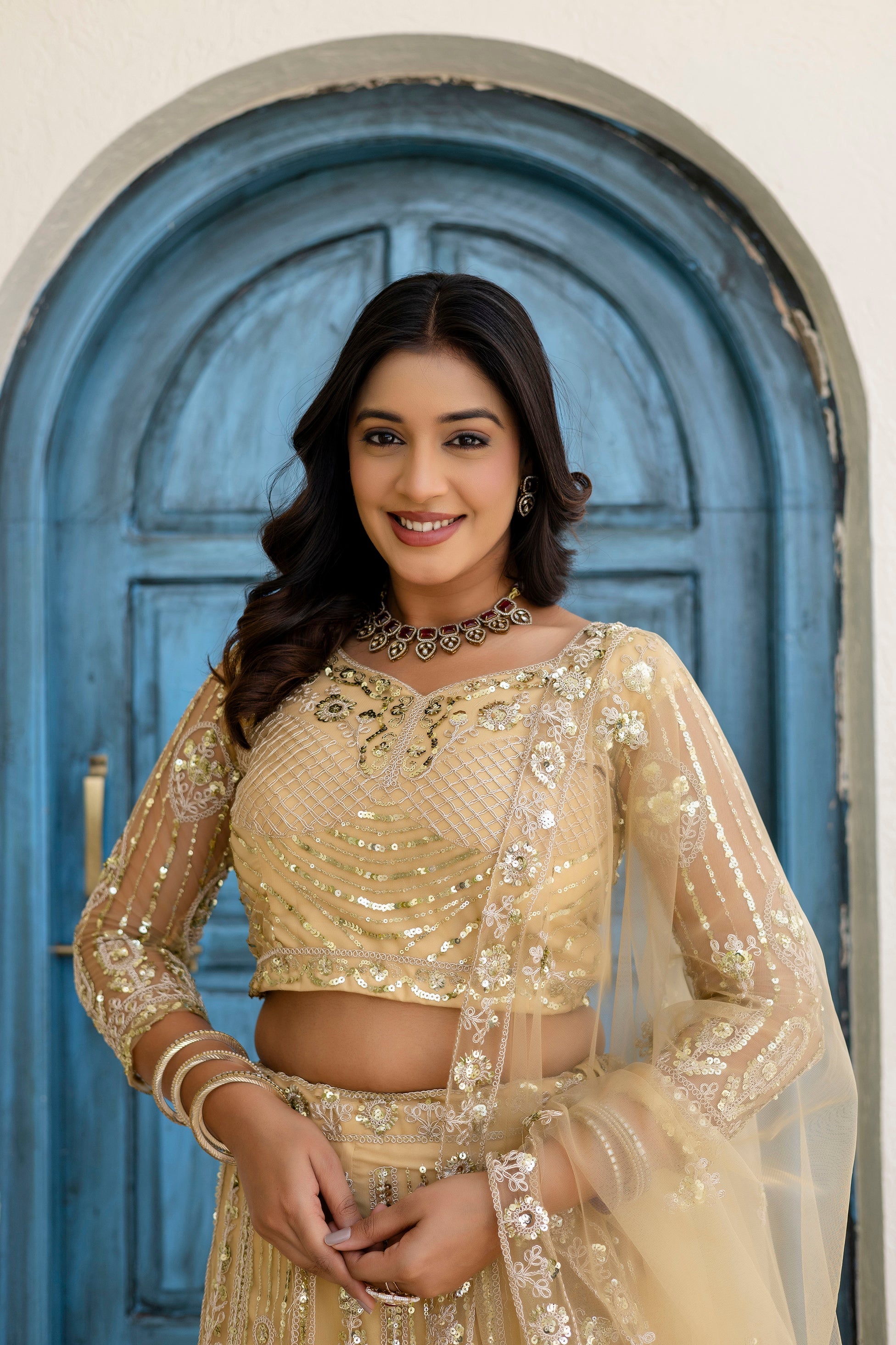 Net Sequins Embroidered Lehenga Set with Dupatta