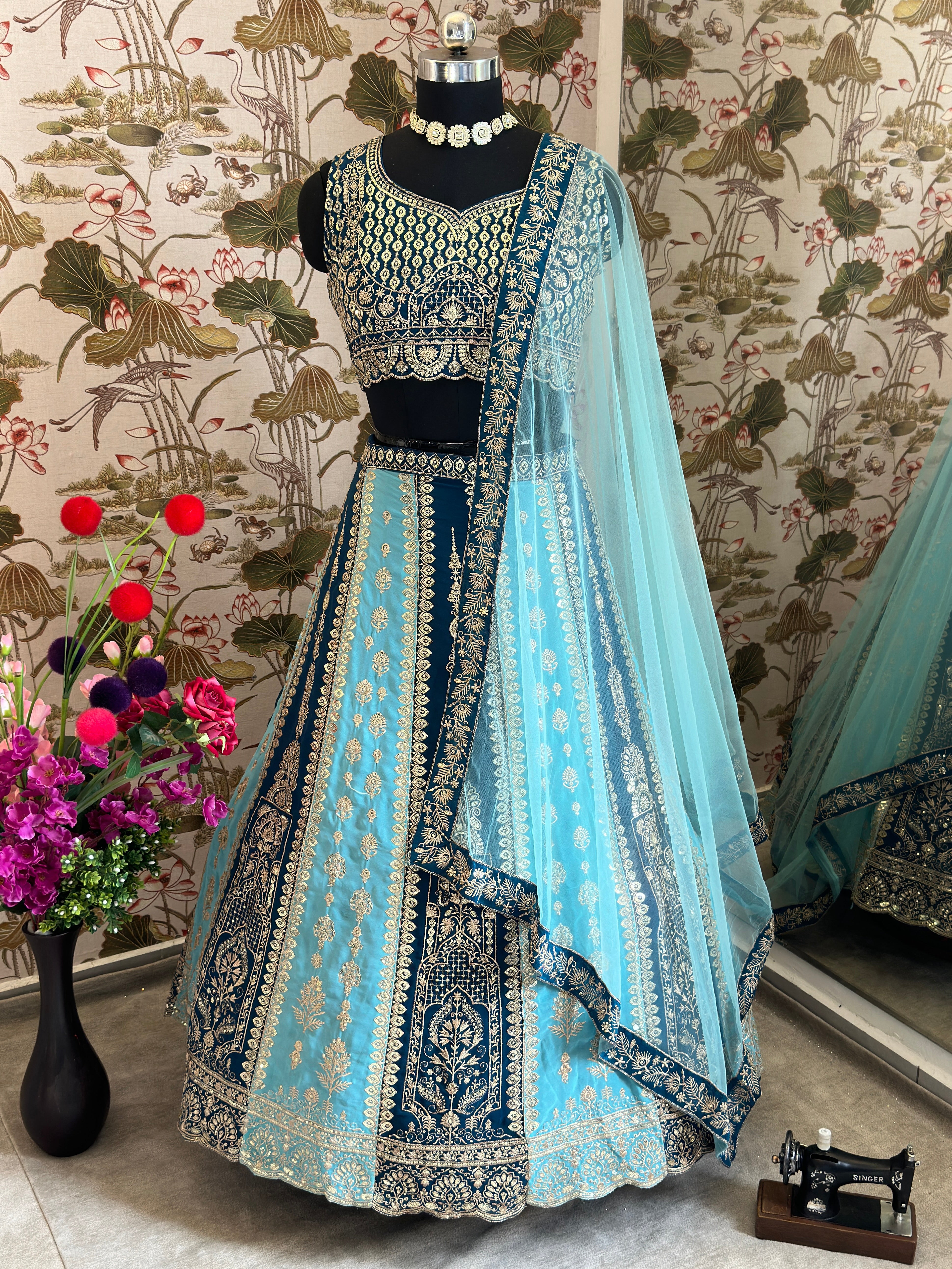 Teal Sky Blue Dual Tone Georgette Lehenga Set