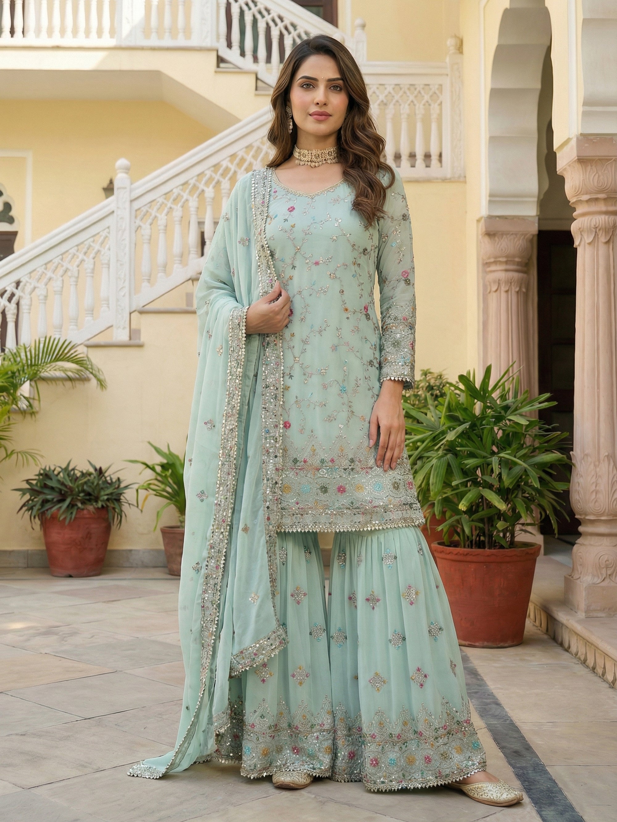 Mint Faux Georgette Embroidered Sharara Set