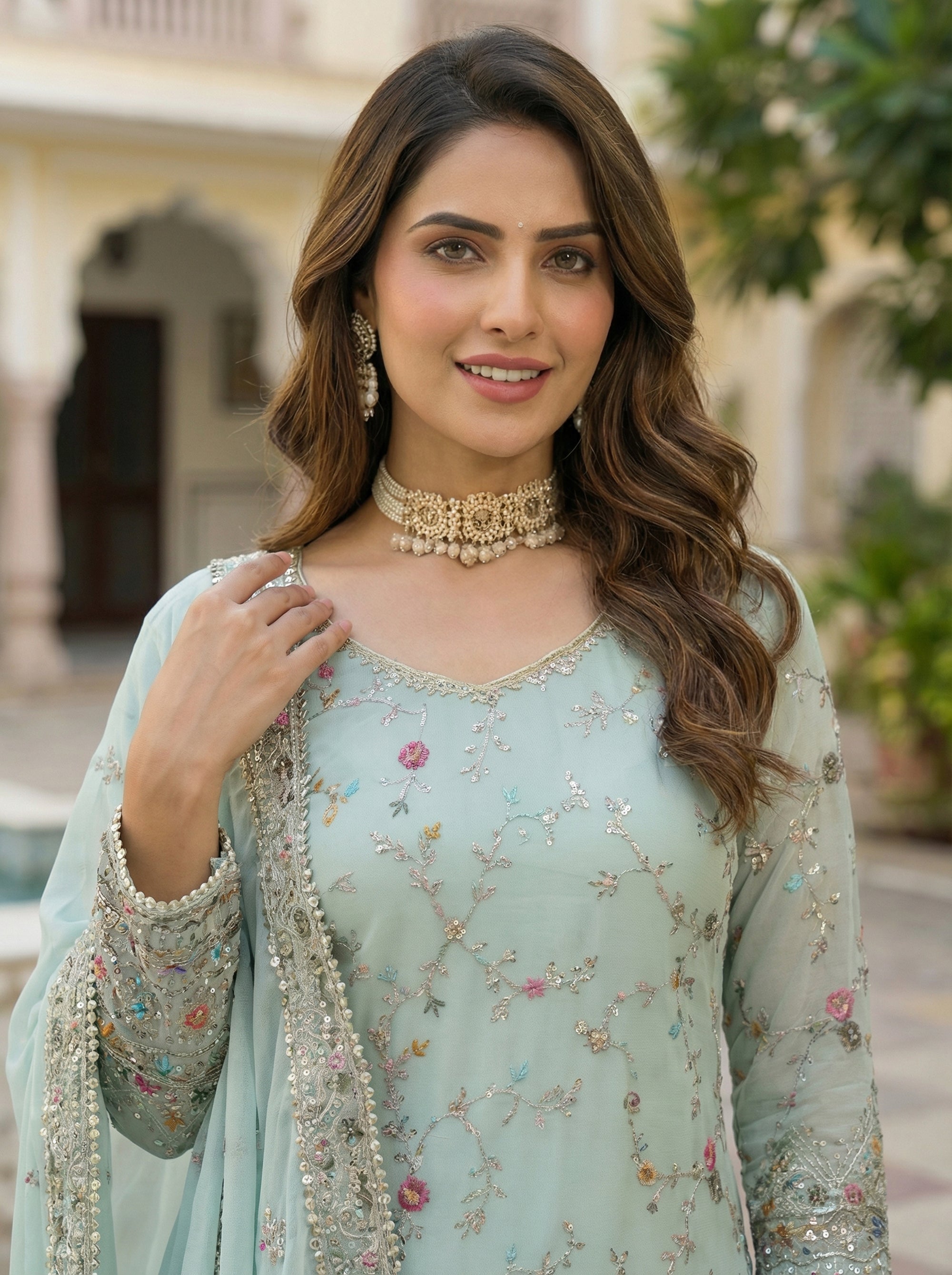 Mint Faux Georgette Embroidered Sharara Set