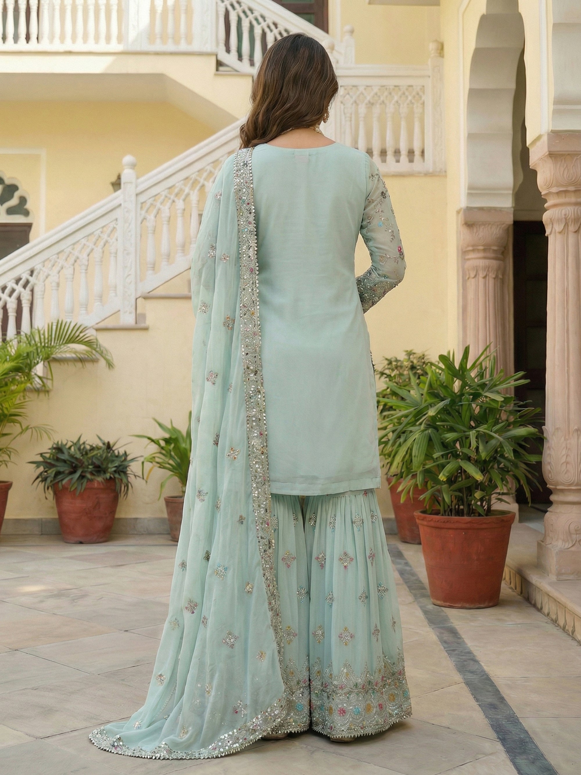 Mint Faux Georgette Embroidered Sharara Set