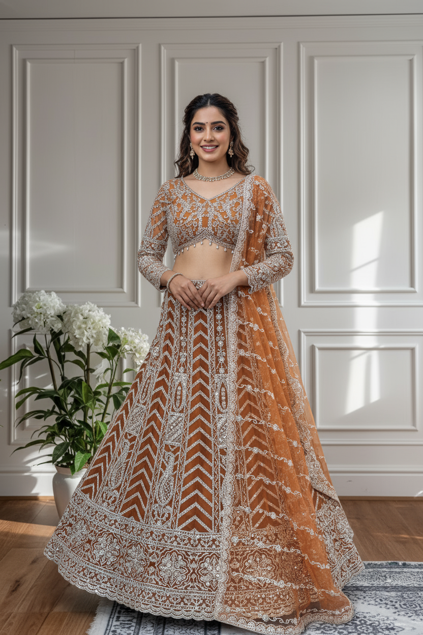 Rust Orange Net Sequins Embroidered Lehenga Set