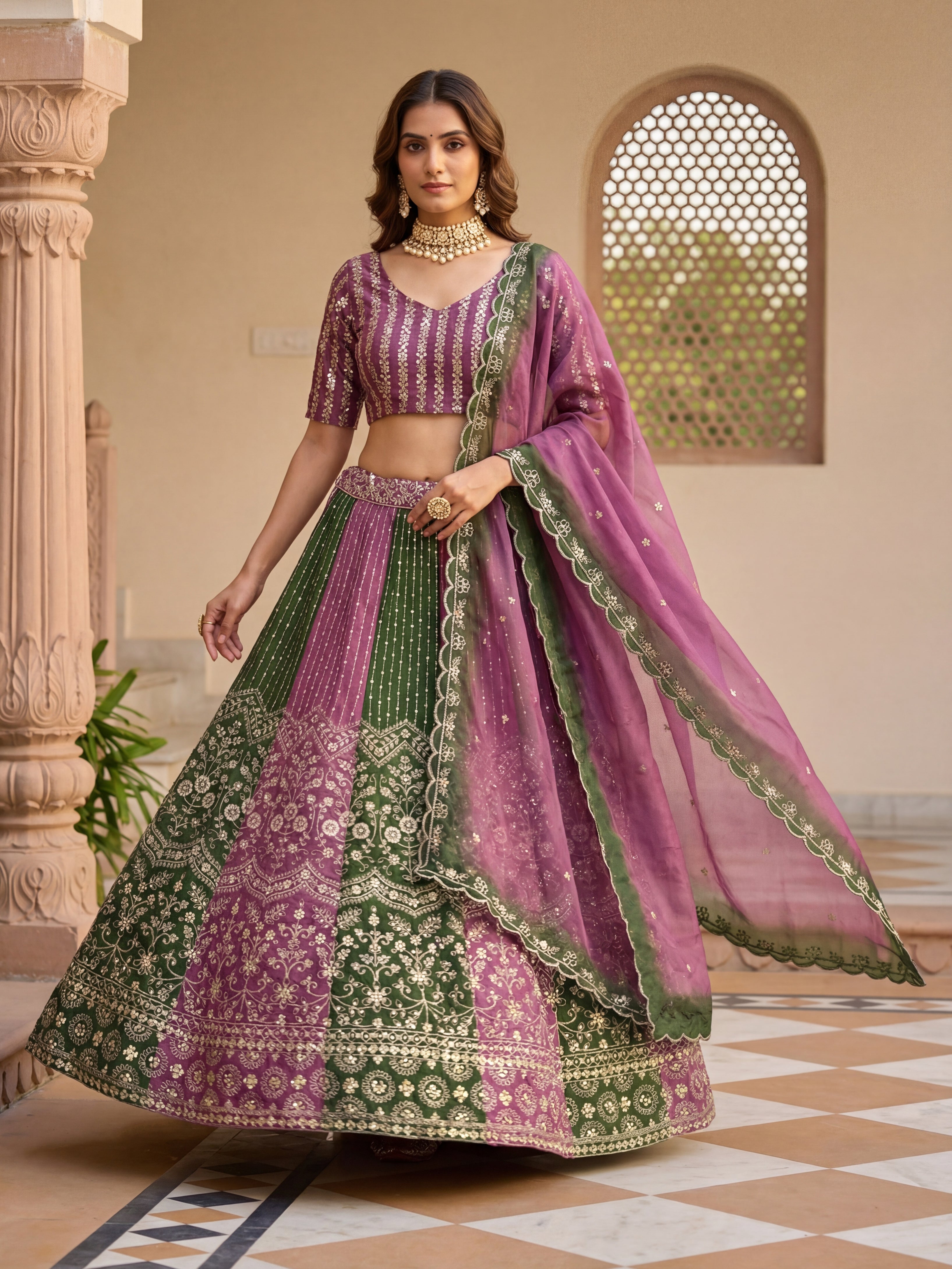Chinon Sequins Lehenga Set with Printed Dupatta