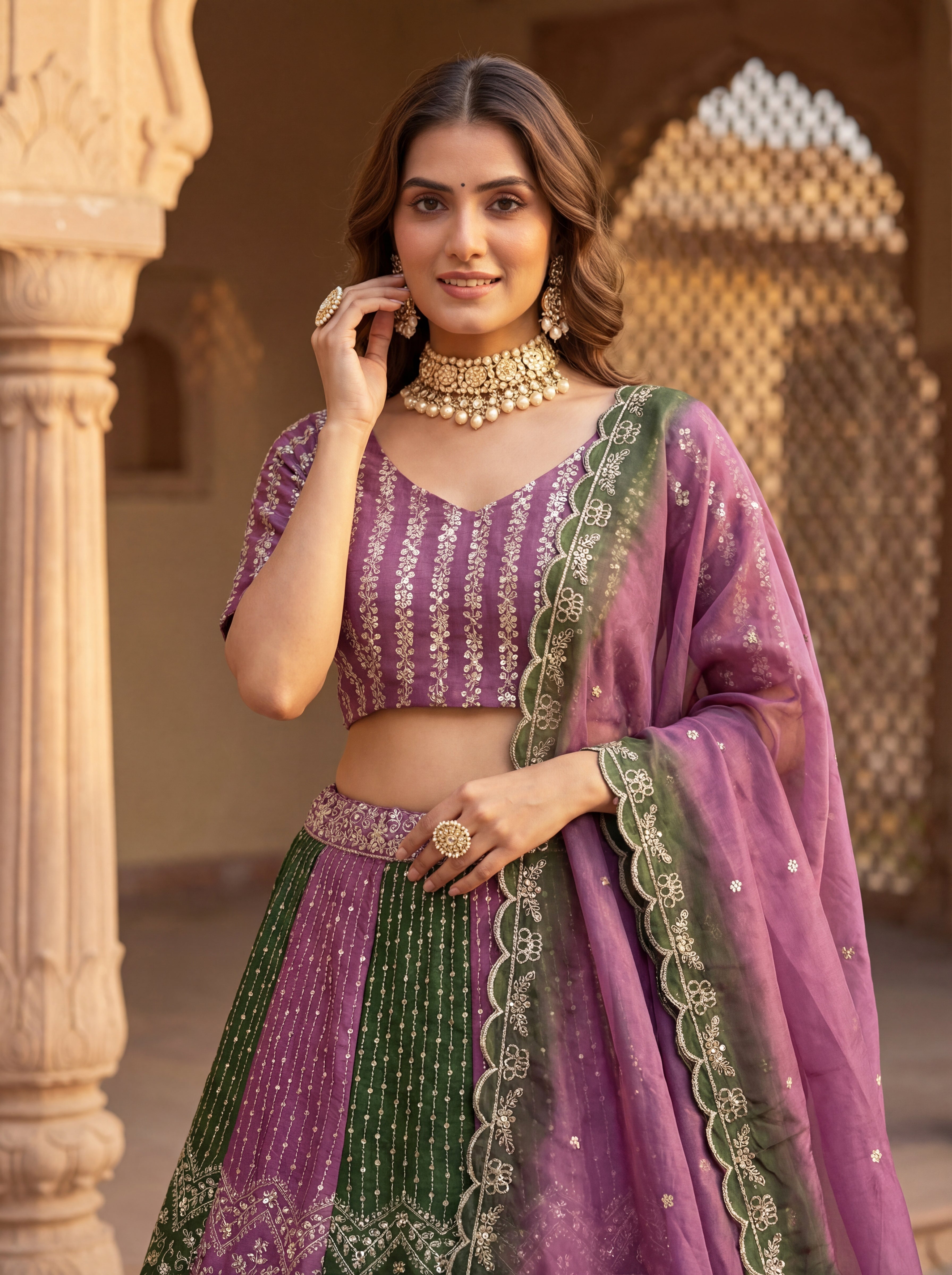 Chinon Sequins Lehenga Set with Printed Dupatta