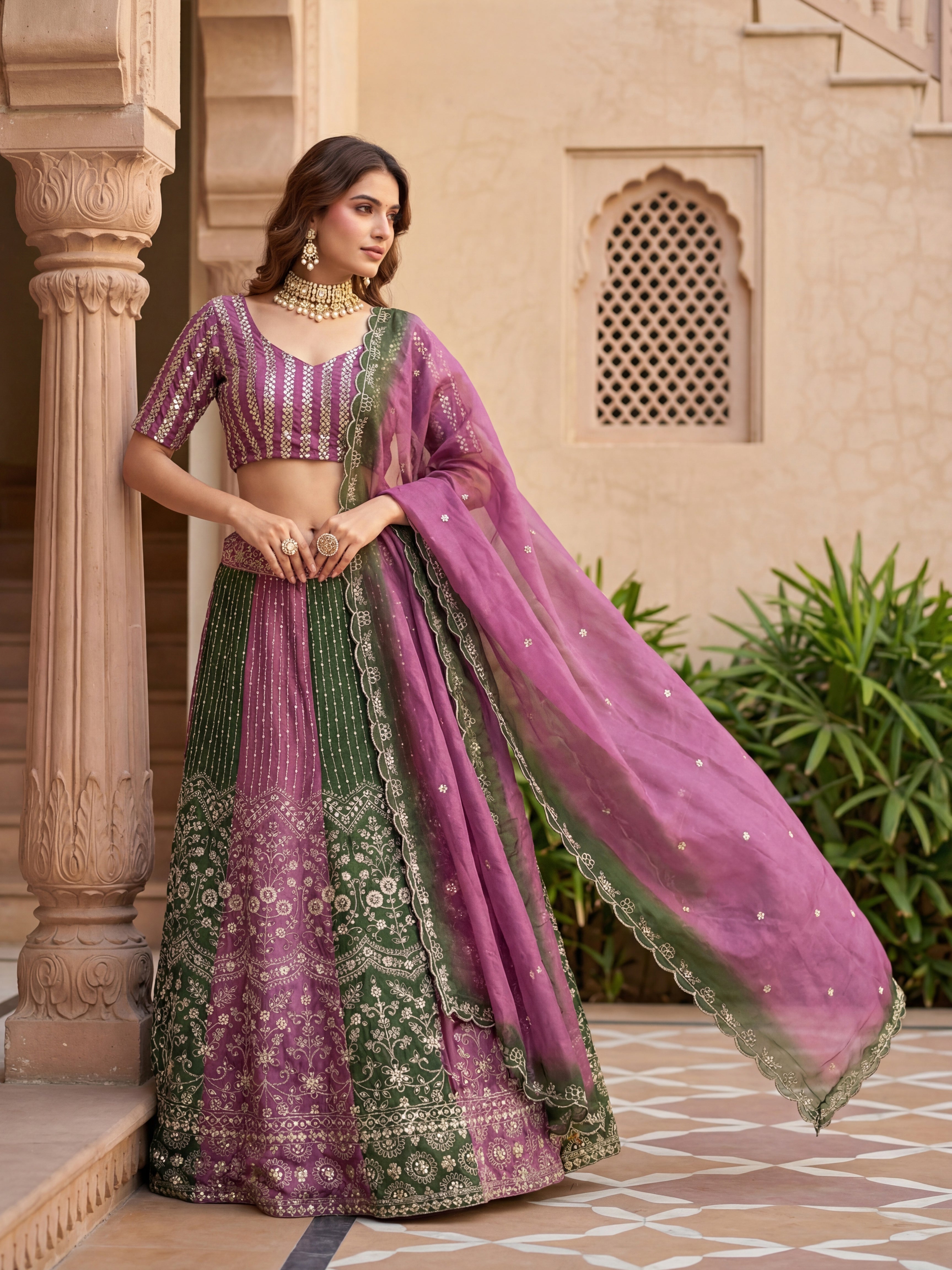 Chinon Sequins Lehenga Set with Printed Dupatta