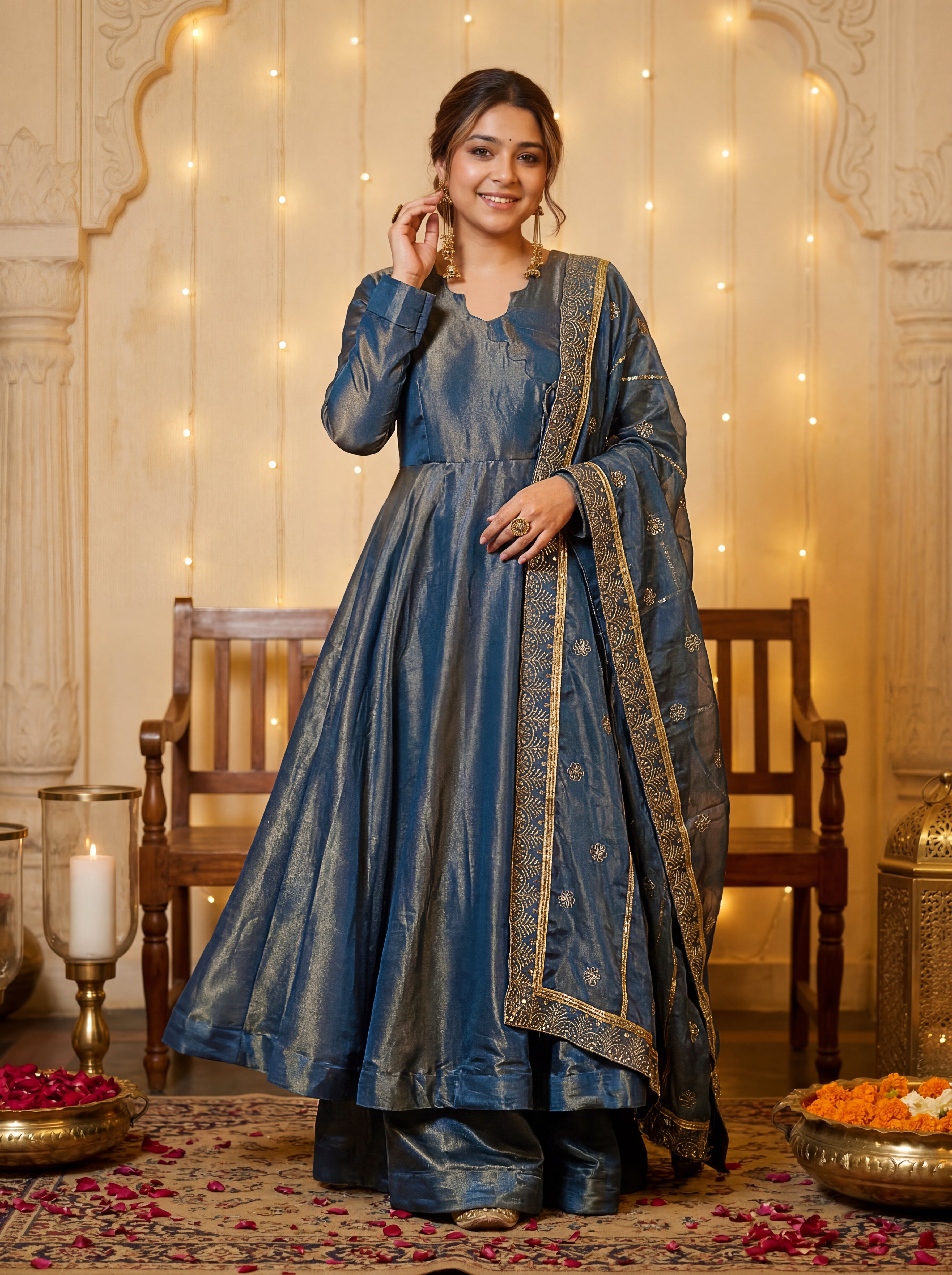 French Moss Sequins Anarkali Gown Set with Dupatta