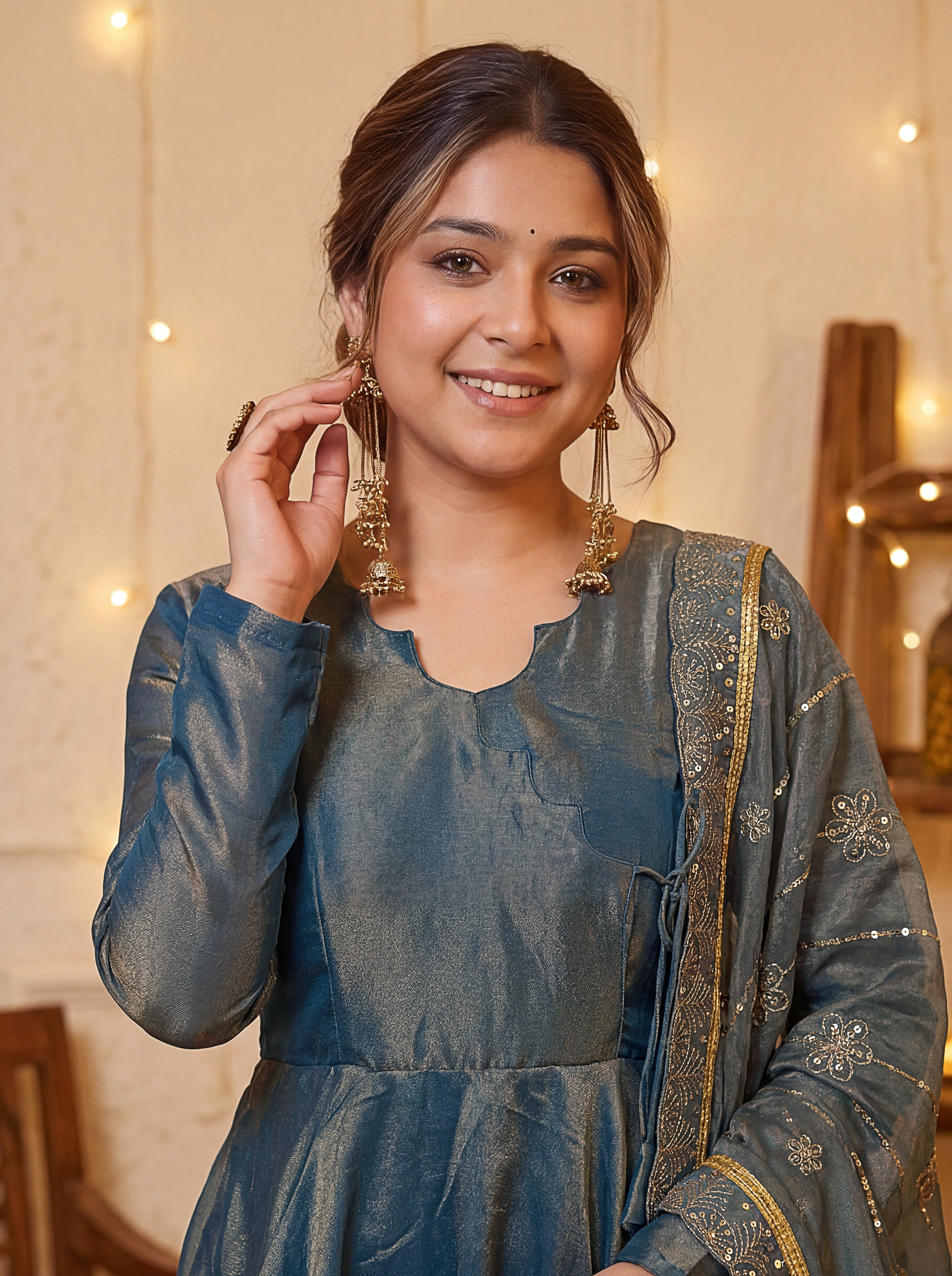 French Moss Sequins Anarkali Gown Set with Dupatta