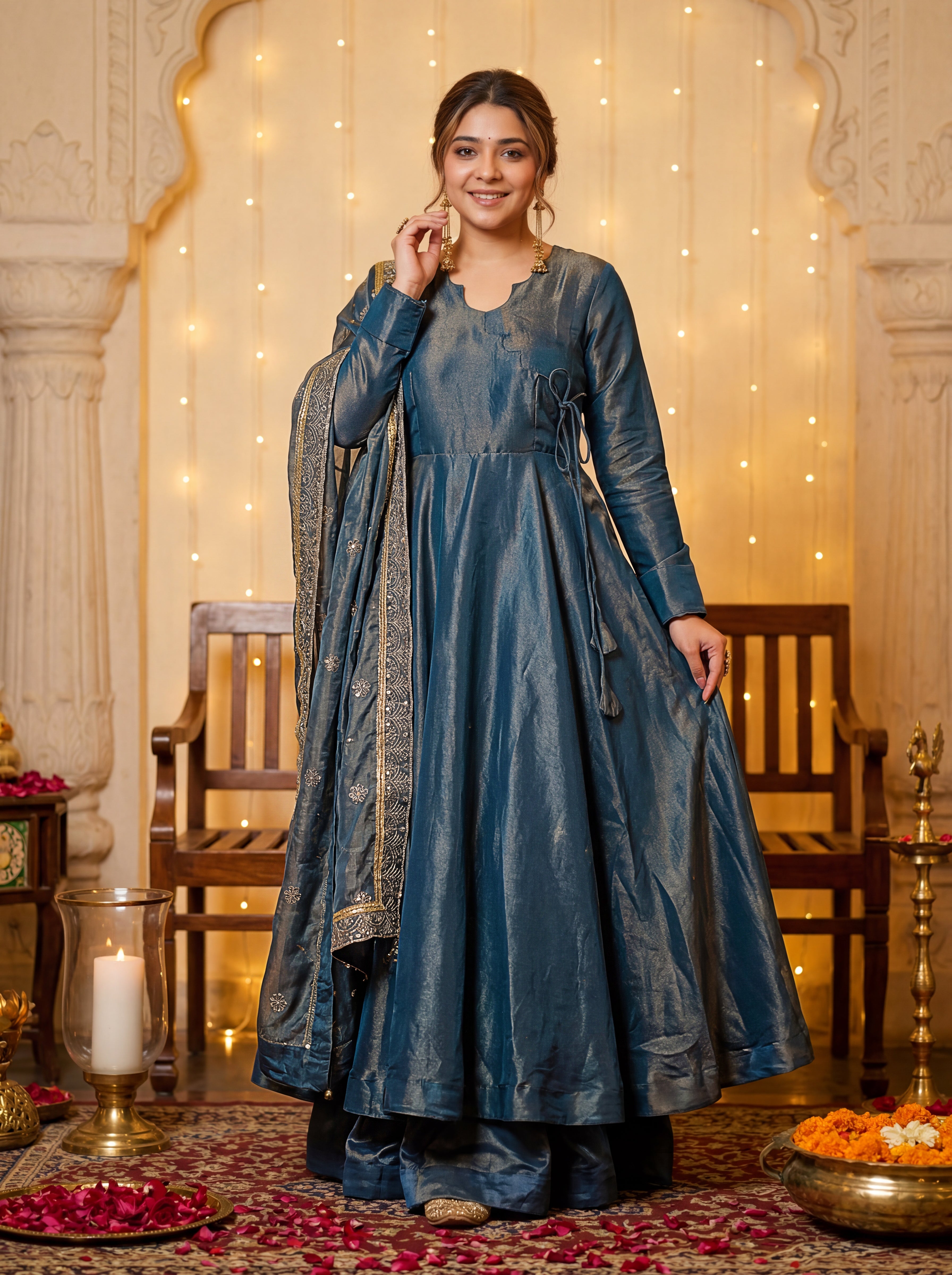 French Moss Sequins Anarkali Gown Set with Dupatta
