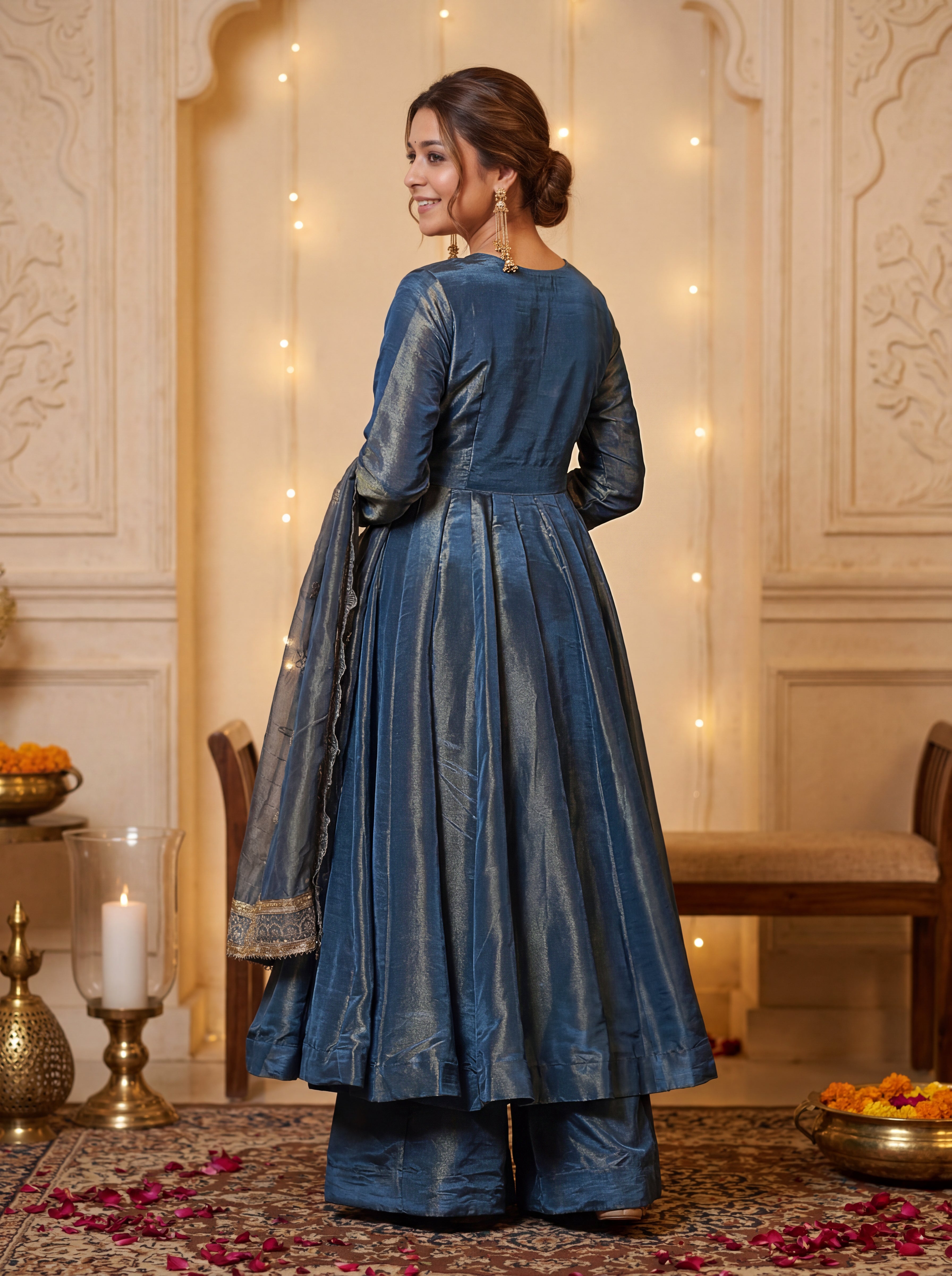 French Moss Sequins Anarkali Gown Set with Dupatta