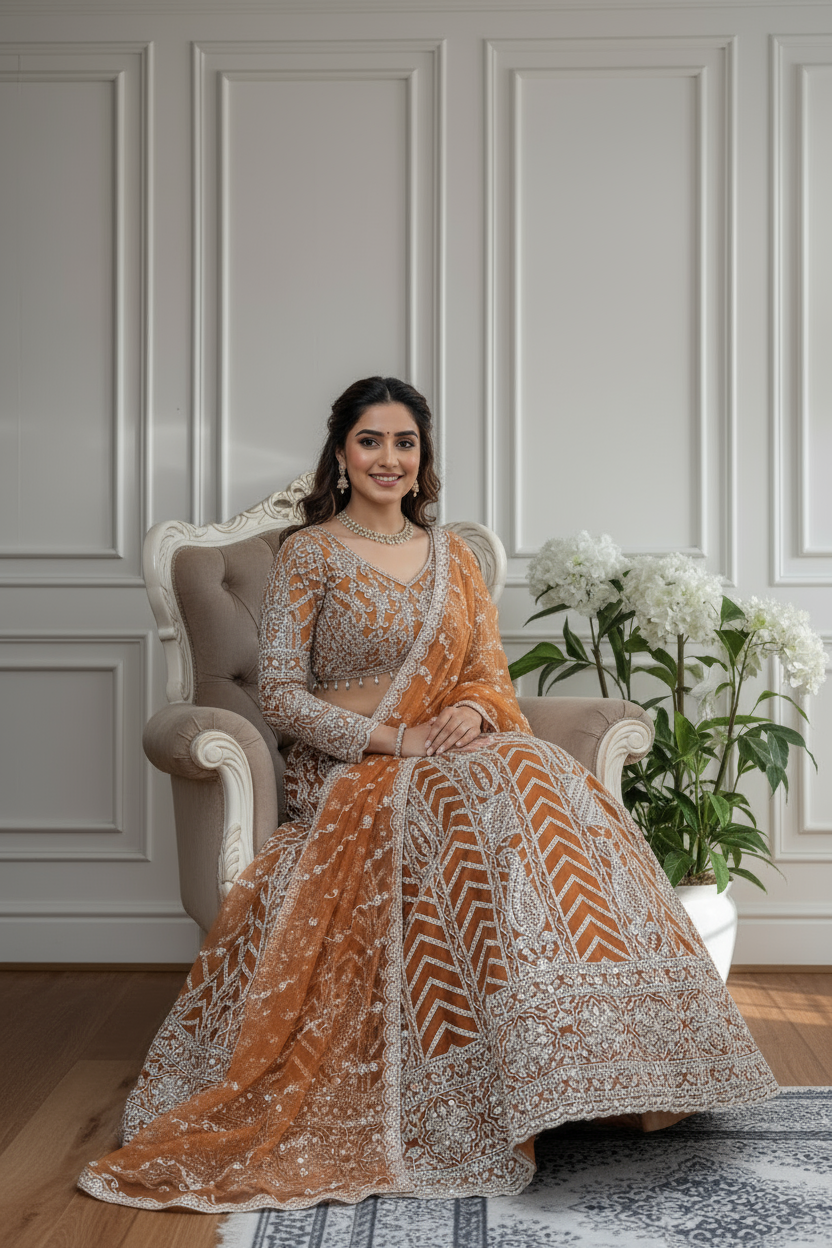 Rust Orange Net Sequins Embroidered Lehenga Set