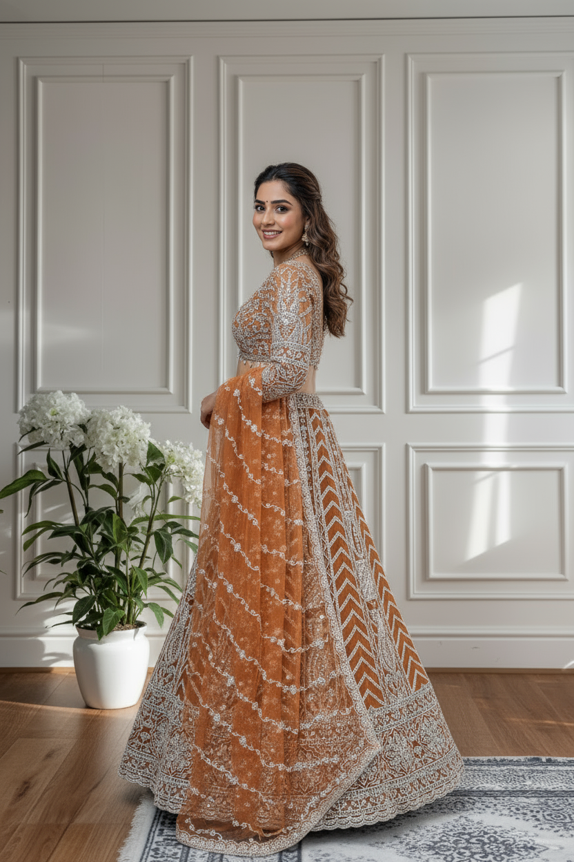 Rust Orange Net Sequins Embroidered Lehenga Set