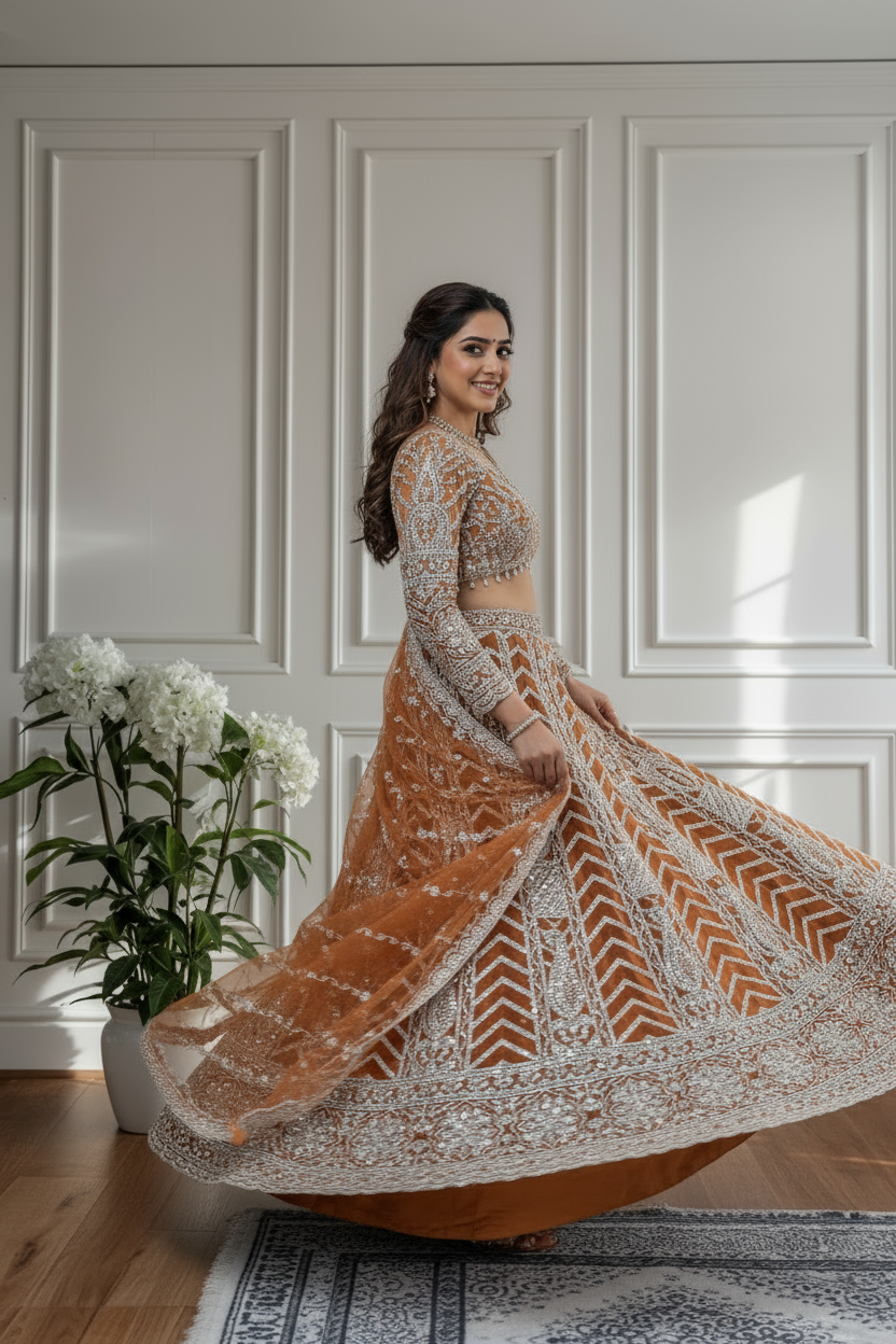 Rust Orange Net Sequins Embroidered Lehenga Set