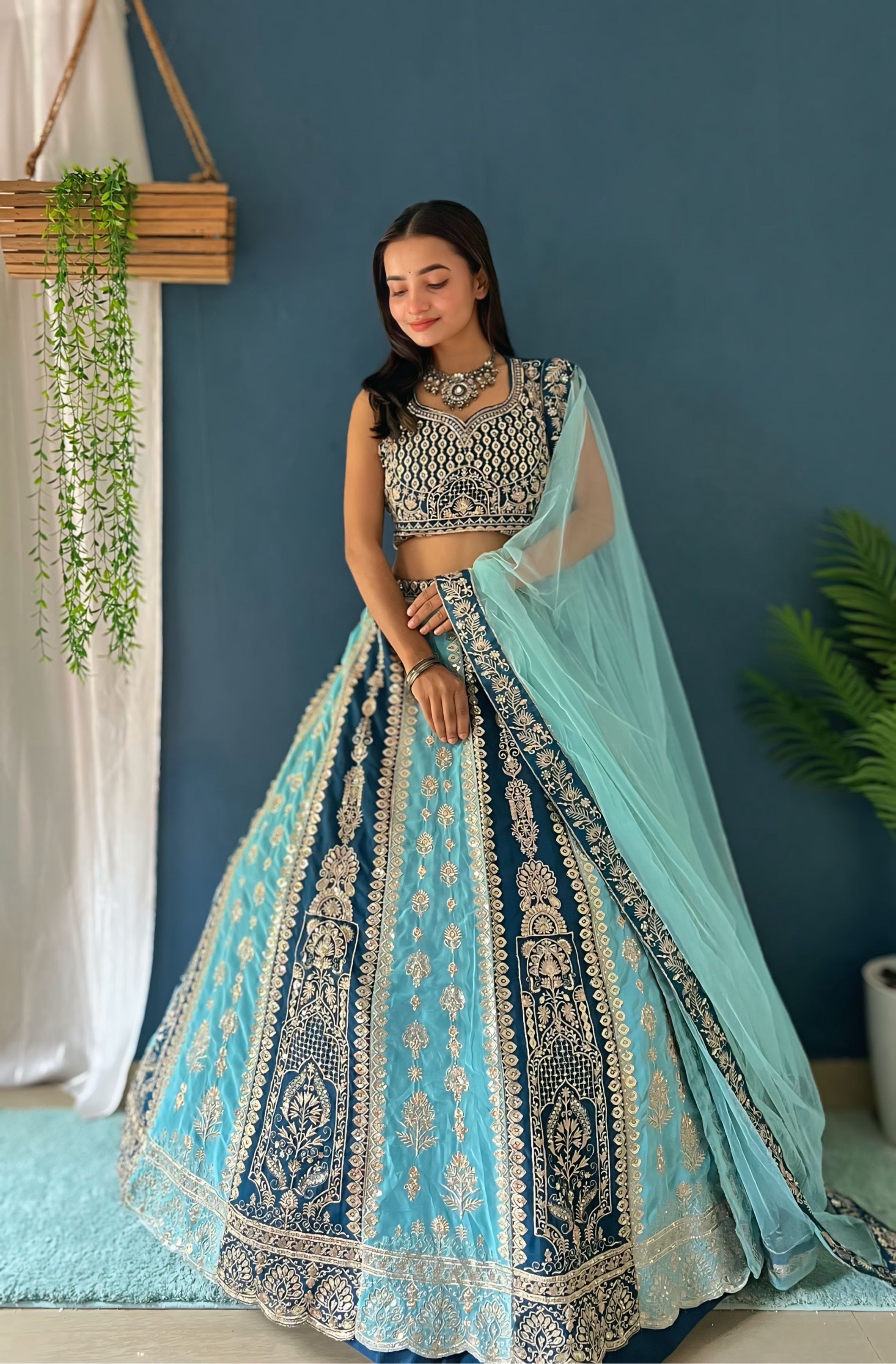 Teal Sky Blue Dual Tone Georgette Lehenga Set