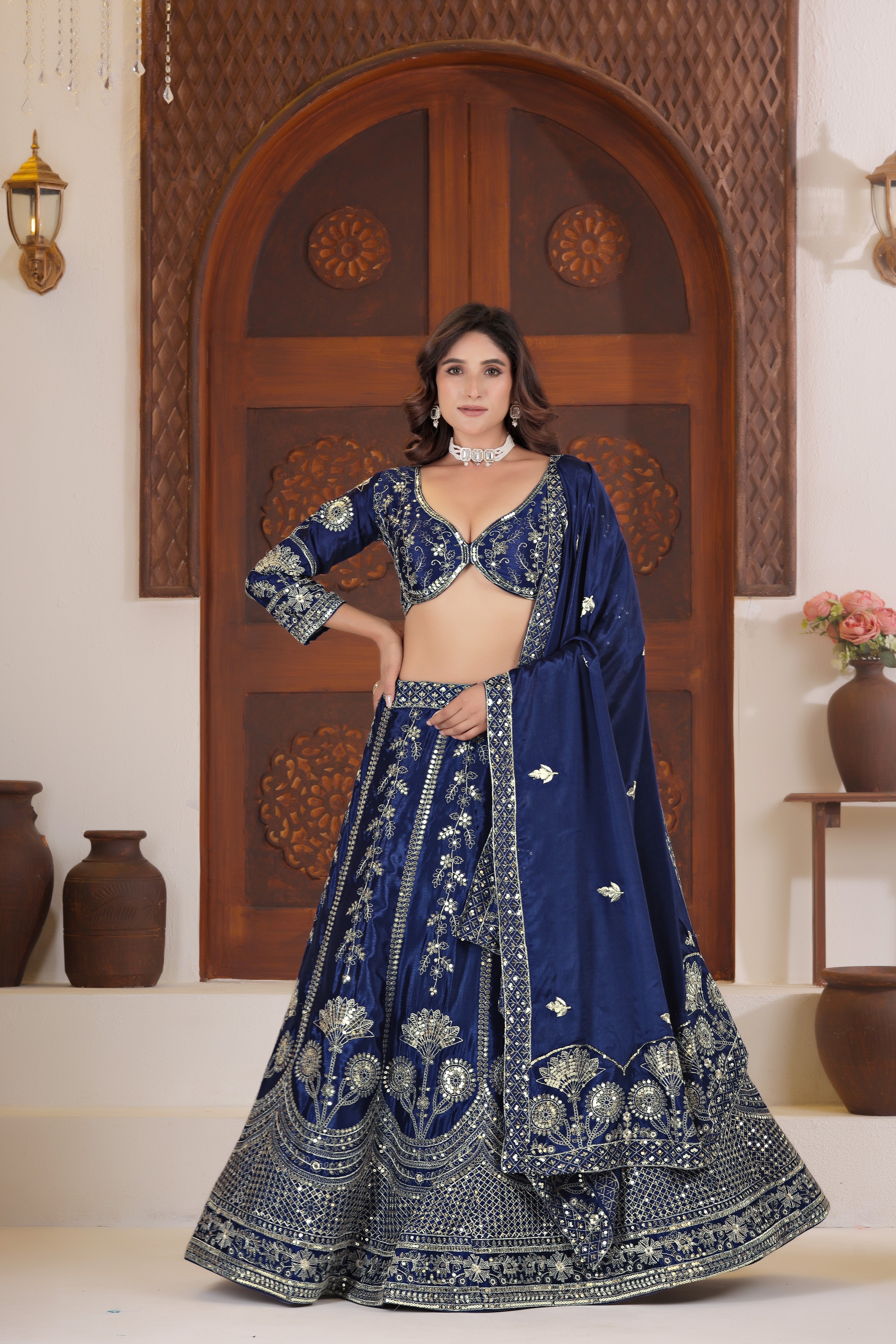 Chinon Silk Sequins Zari Lehenga Set with Dupatta