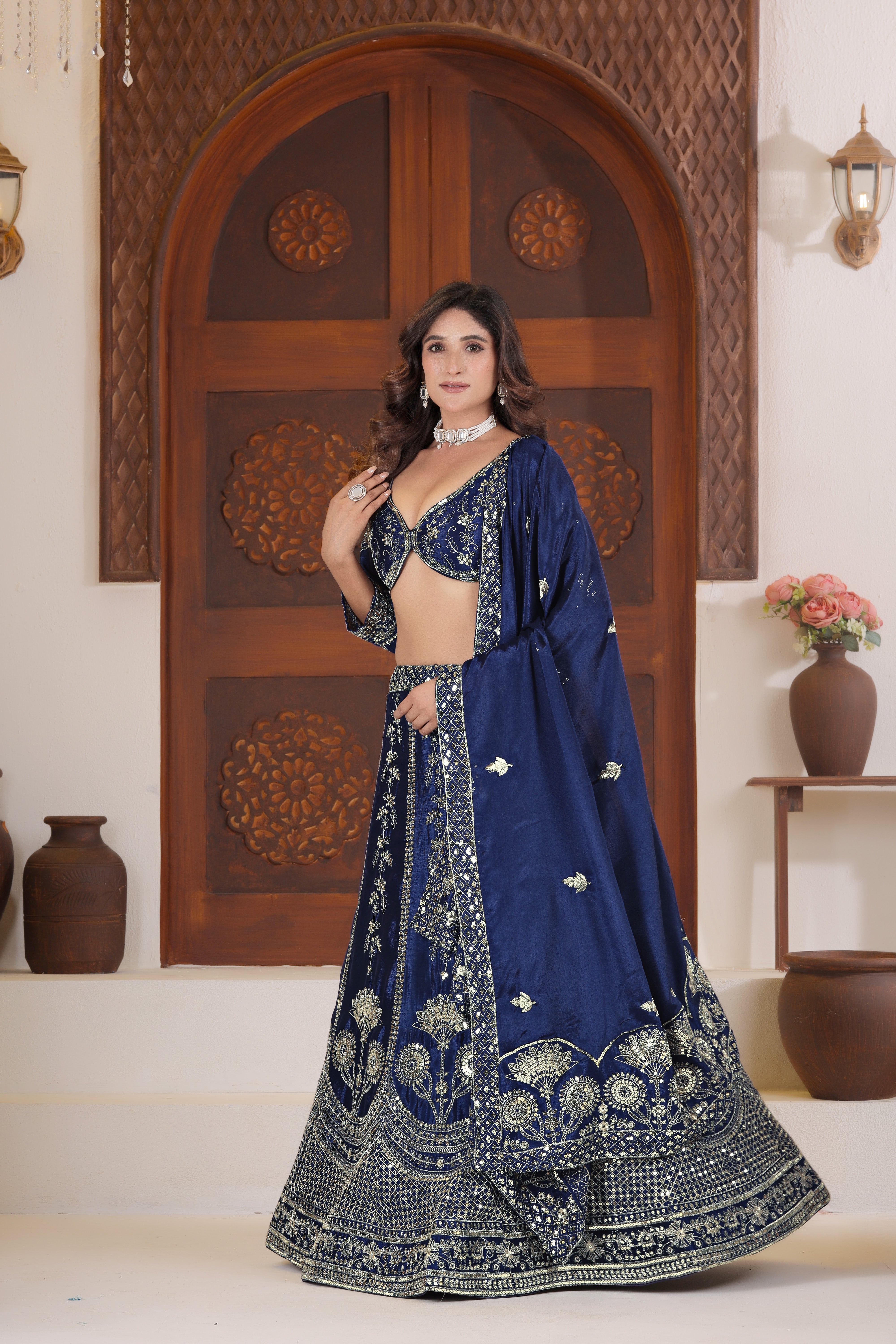 Chinon Silk Sequins Zari Lehenga Set with Dupatta