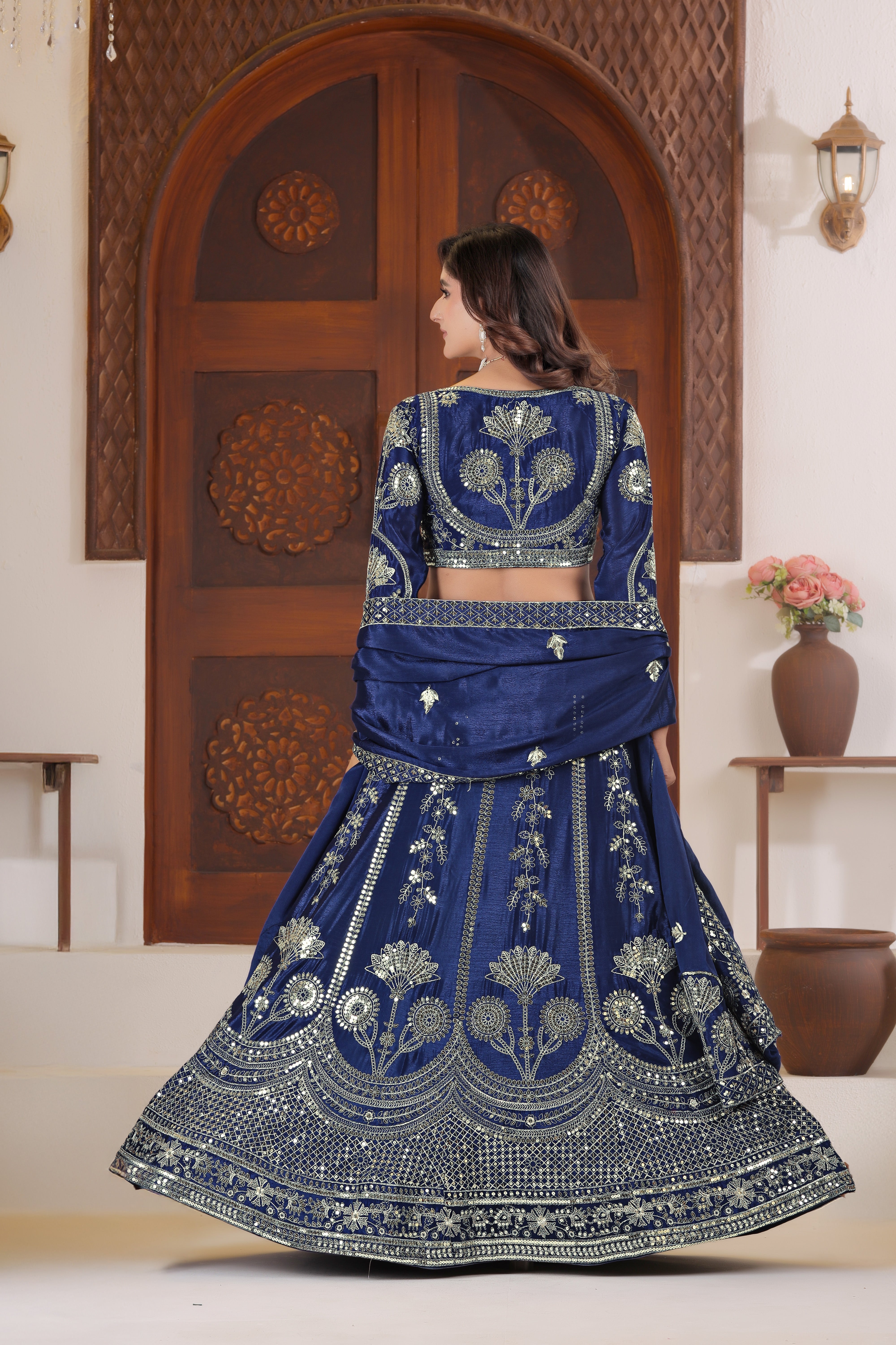 Chinon Silk Sequins Zari Lehenga Set with Dupatta