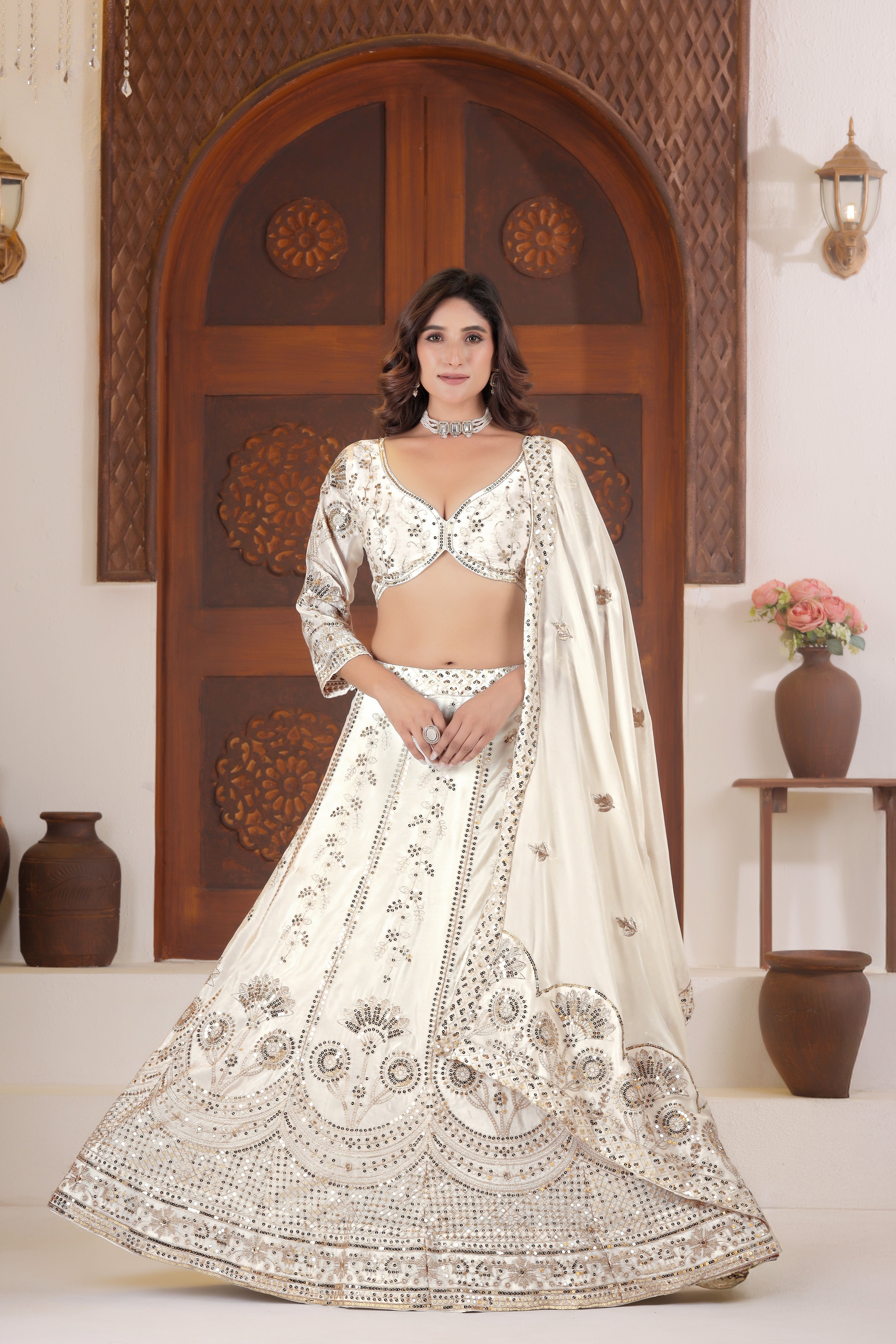 Chinon Silk Sequins Zari Lehenga Set with Dupatta